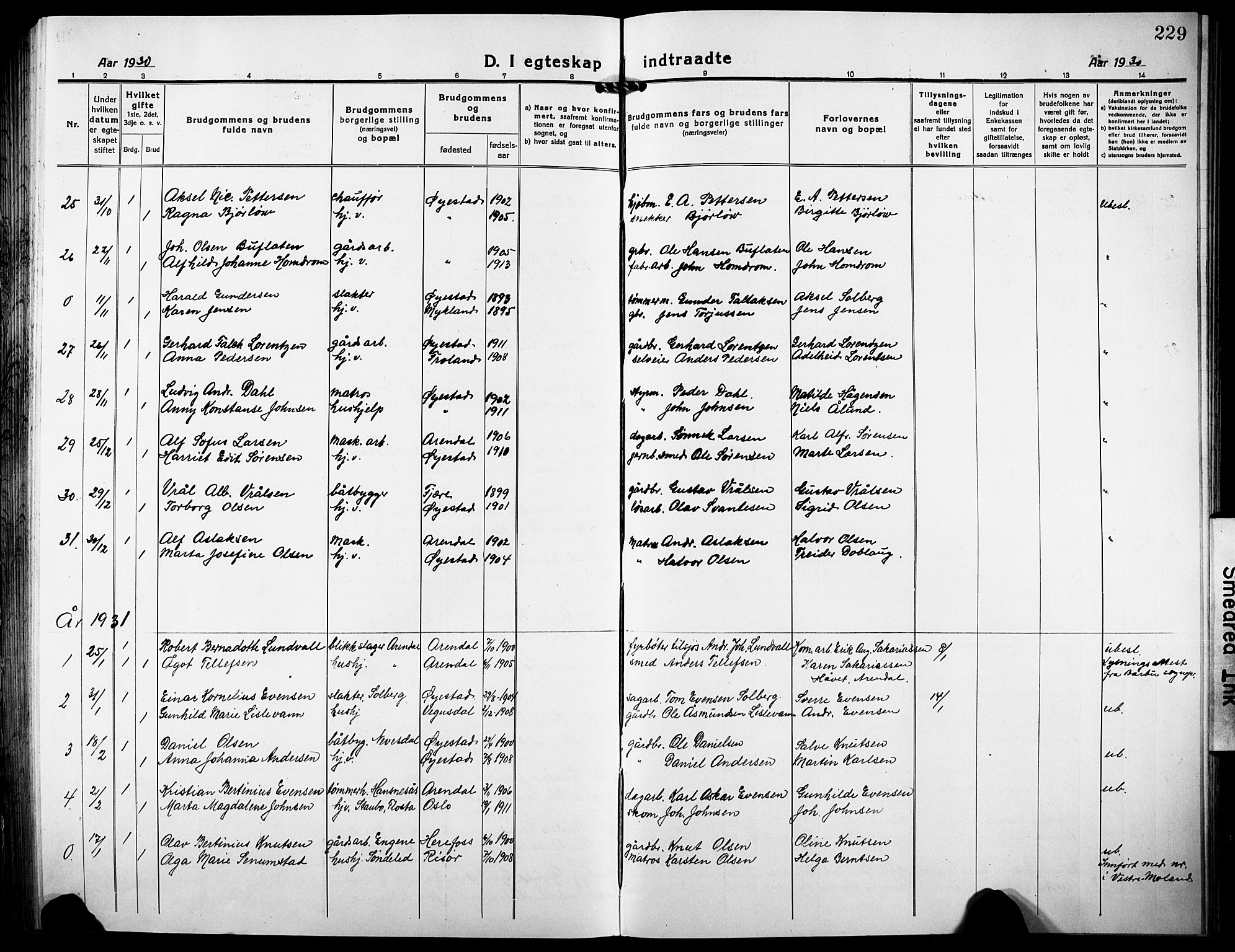 Øyestad sokneprestkontor, SAK/1111-0049/F/Fb/L0012: Parish register (copy) no. B 12, 1919-1932, p. 229