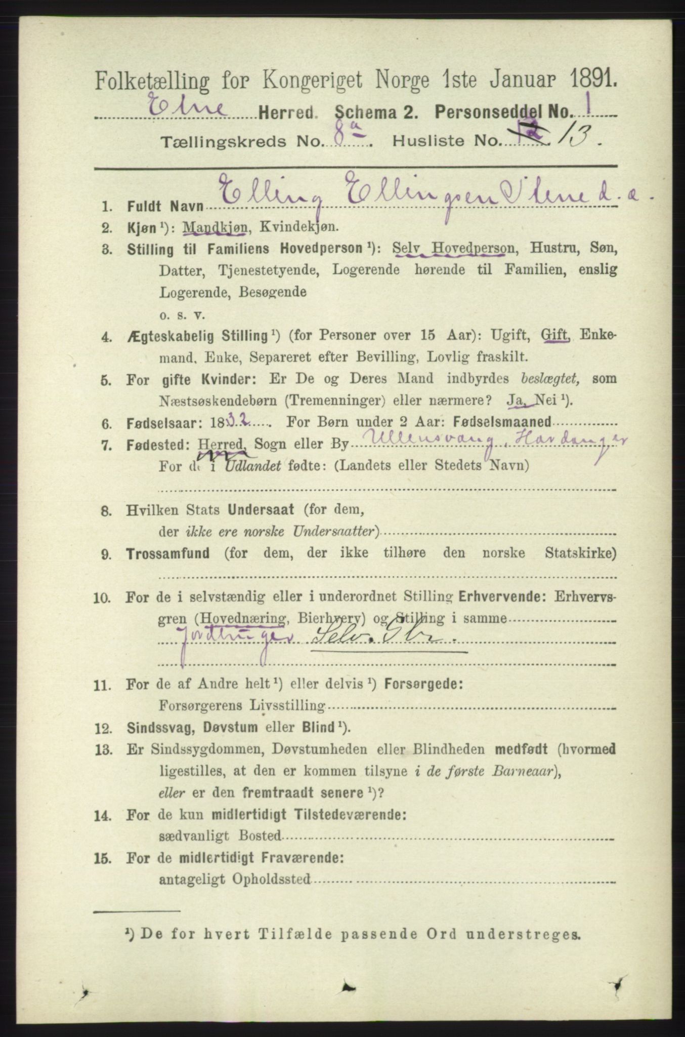 RA, 1891 census for 1211 Etne, 1891, p. 1591