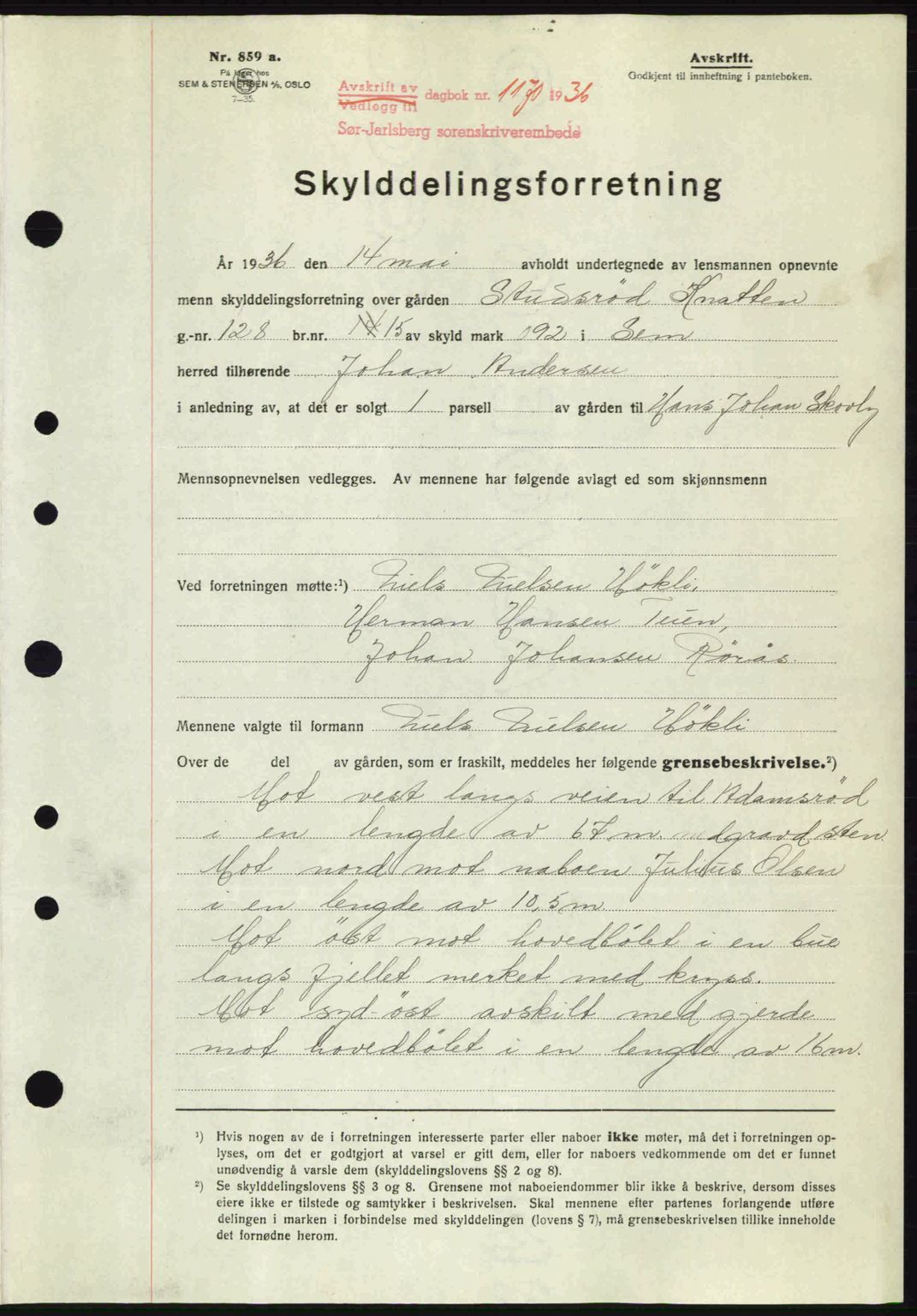 Jarlsberg sorenskriveri, AV/SAKO-A-131/G/Ga/Gaa/L0001: Mortgage book no. A-1, 1936-1936, Diary no: : 1170/1936