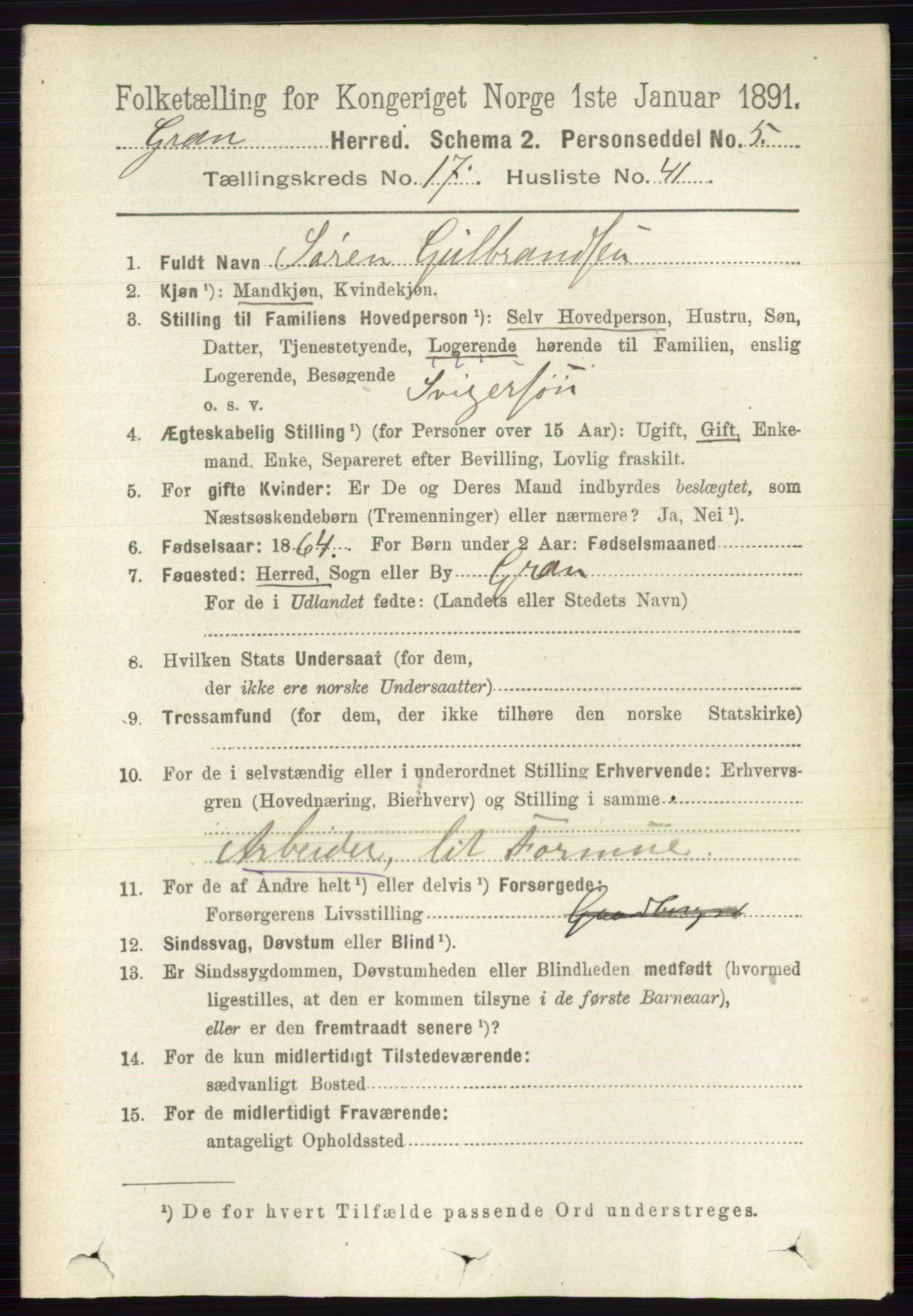 RA, 1891 census for 0534 Gran, 1891, p. 8937