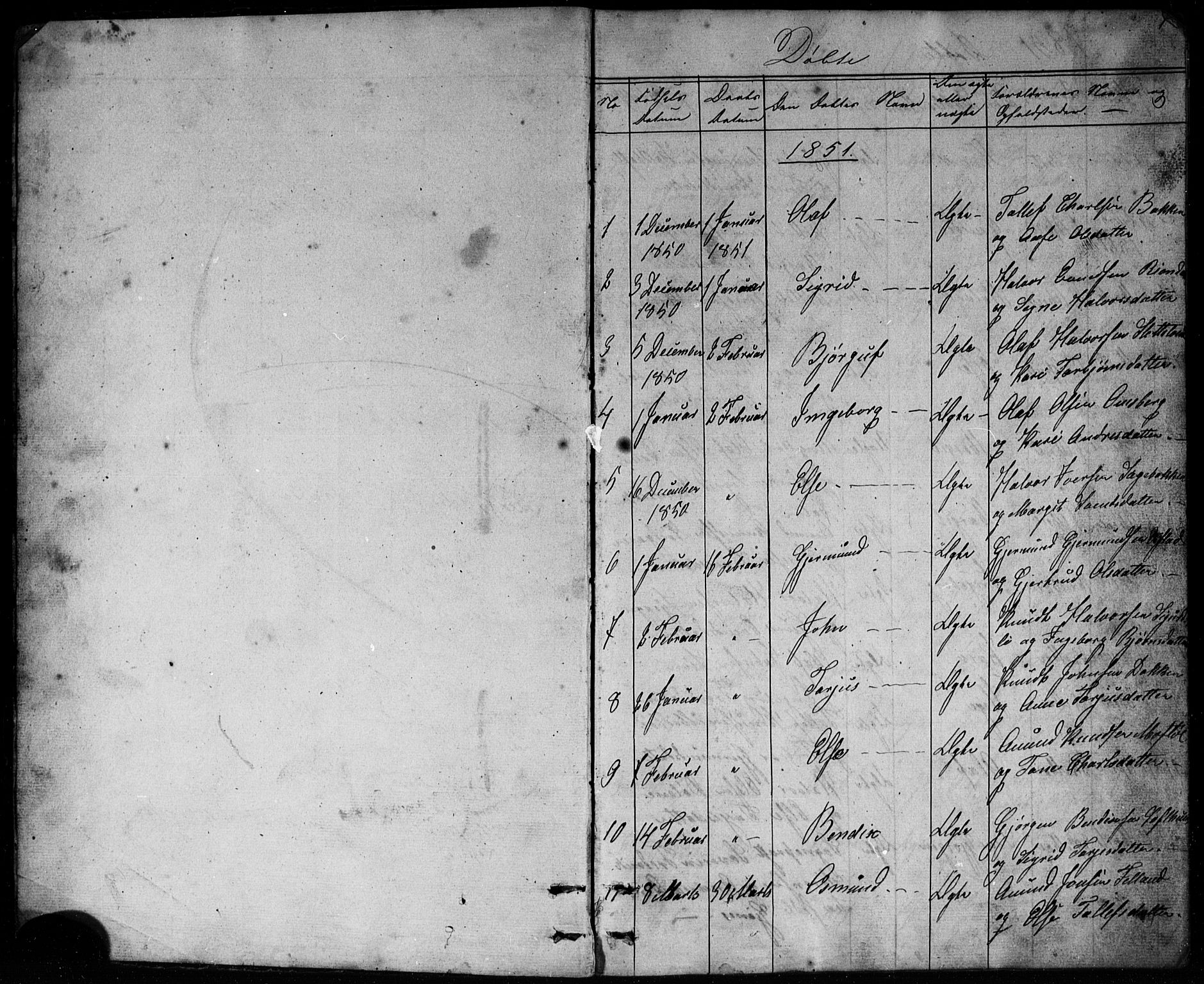 Mo kirkebøker, SAKO/A-286/G/Ga/L0001: Parish register (copy) no. I 1, 1851-1891, p. 1