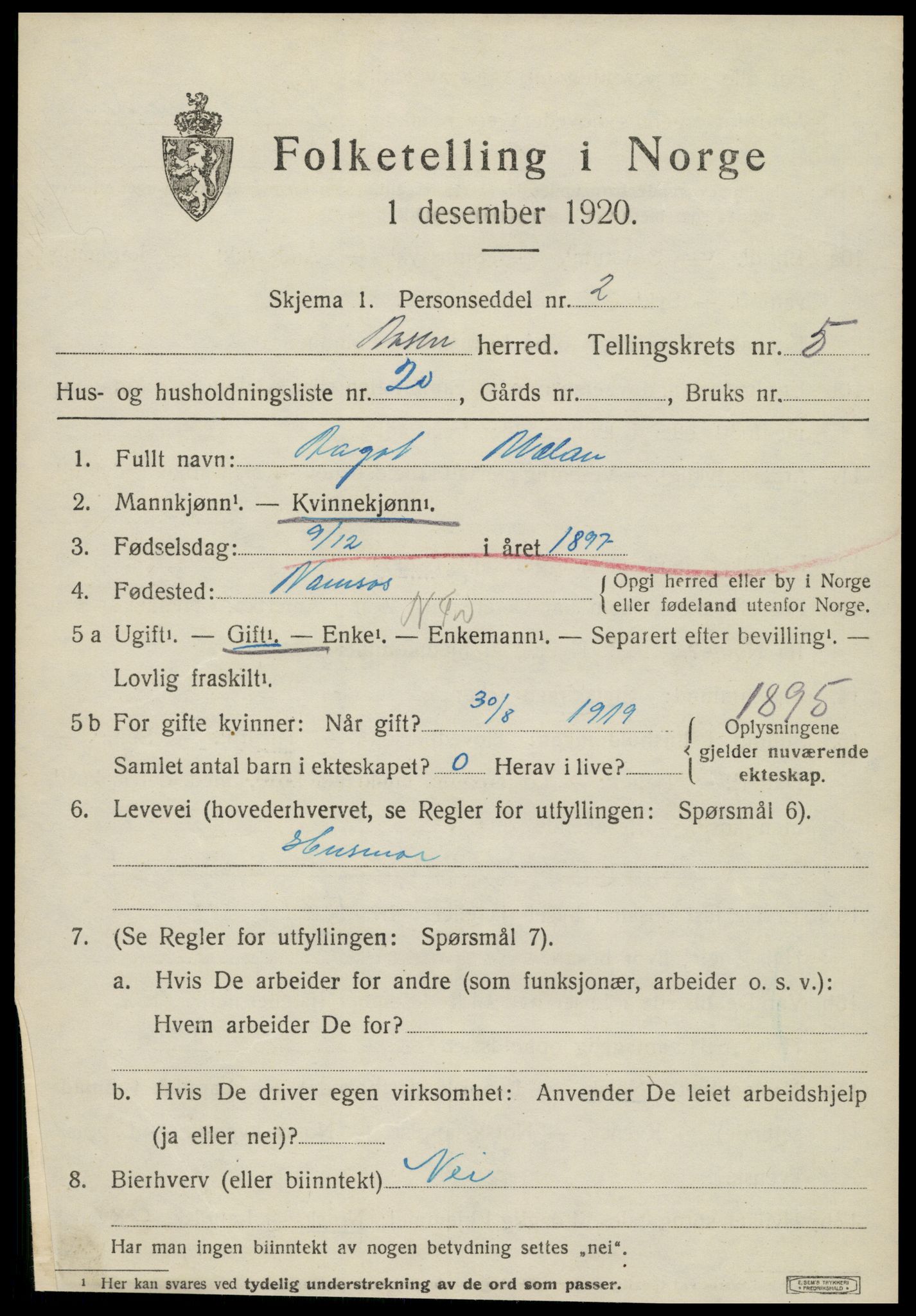 SAT, 1920 census for Åsen, 1920, p. 4254
