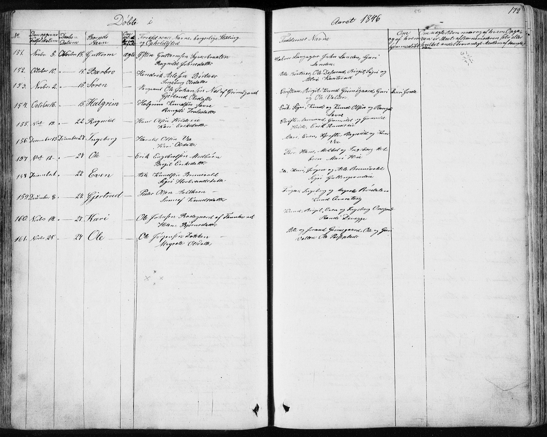 Nes kirkebøker, AV/SAKO-A-236/F/Fa/L0009: Parish register (official) no. 9, 1834-1863, p. 172