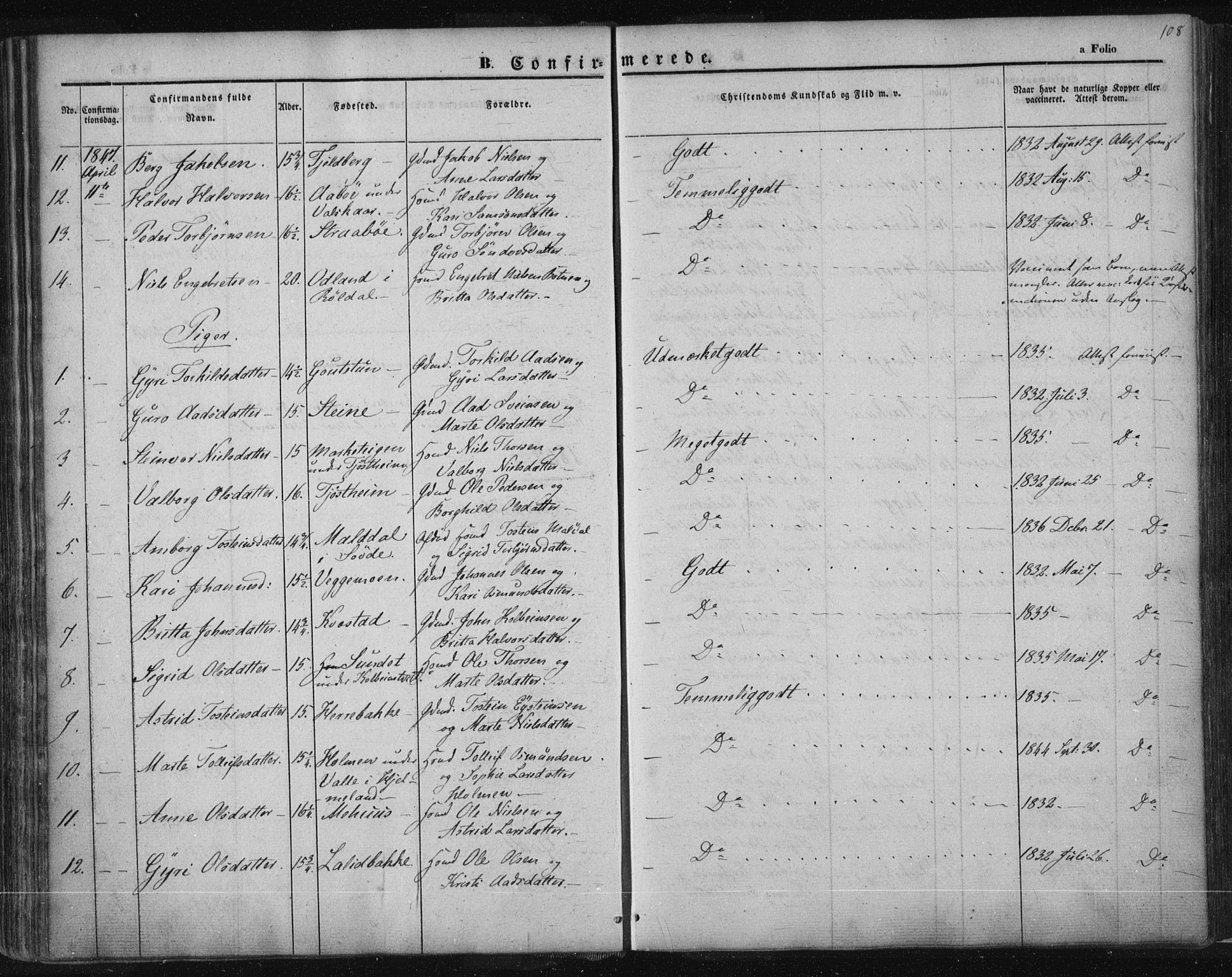 Suldal sokneprestkontor, SAST/A-101845/01/IV/L0008: Parish register (official) no. A 8, 1836-1853, p. 108