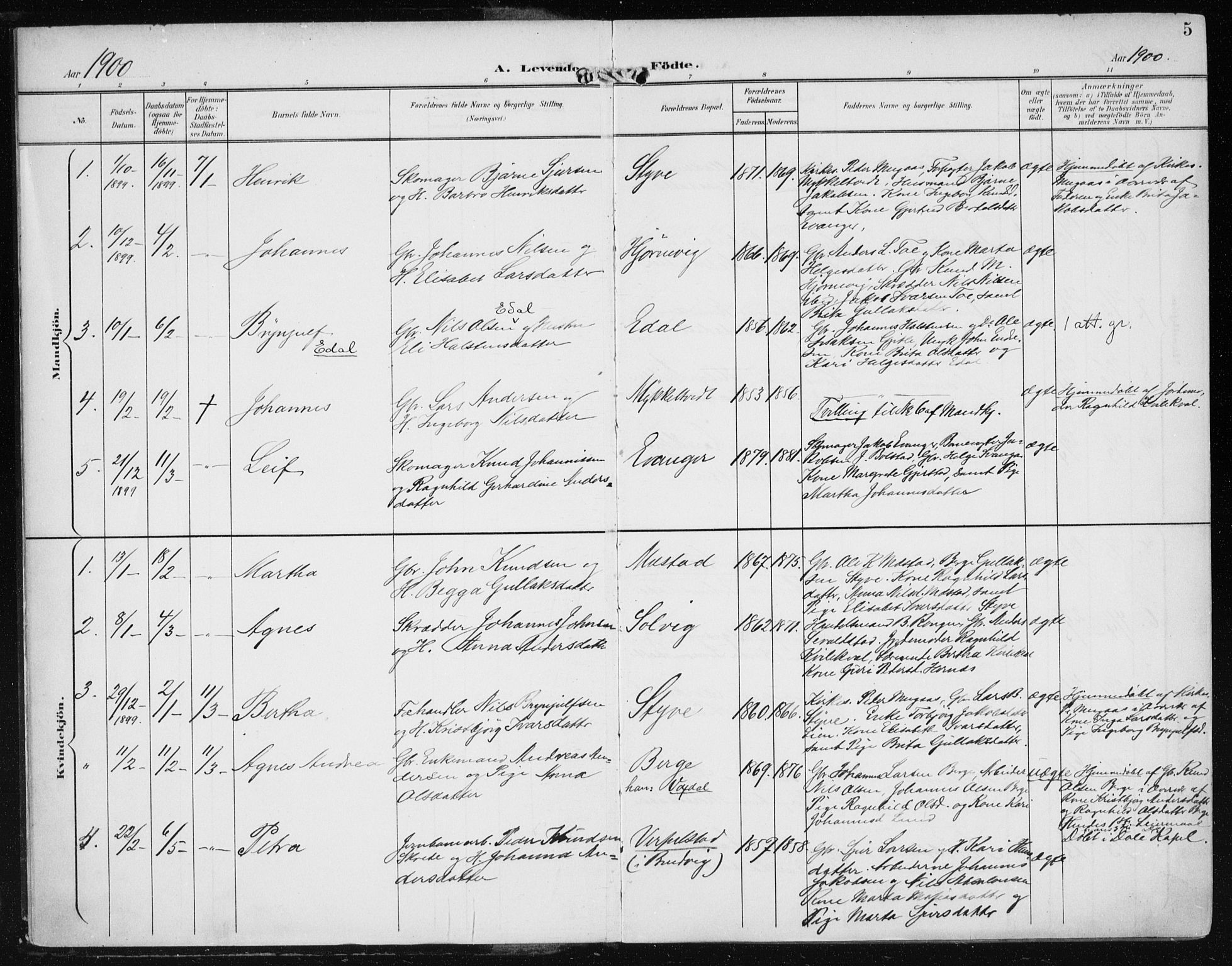 Evanger sokneprestembete, SAB/A-99924: Parish register (official) no. A  3, 1900-1930, p. 5