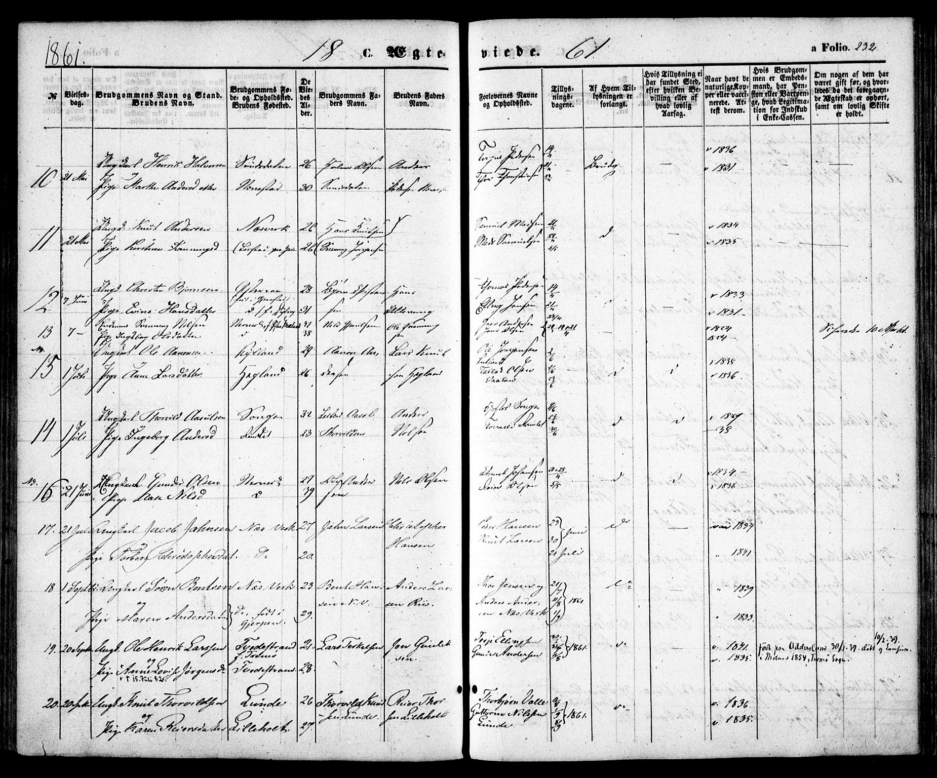 Holt sokneprestkontor, AV/SAK-1111-0021/F/Fa/L0009: Parish register (official) no. A 9, 1861-1871, p. 232