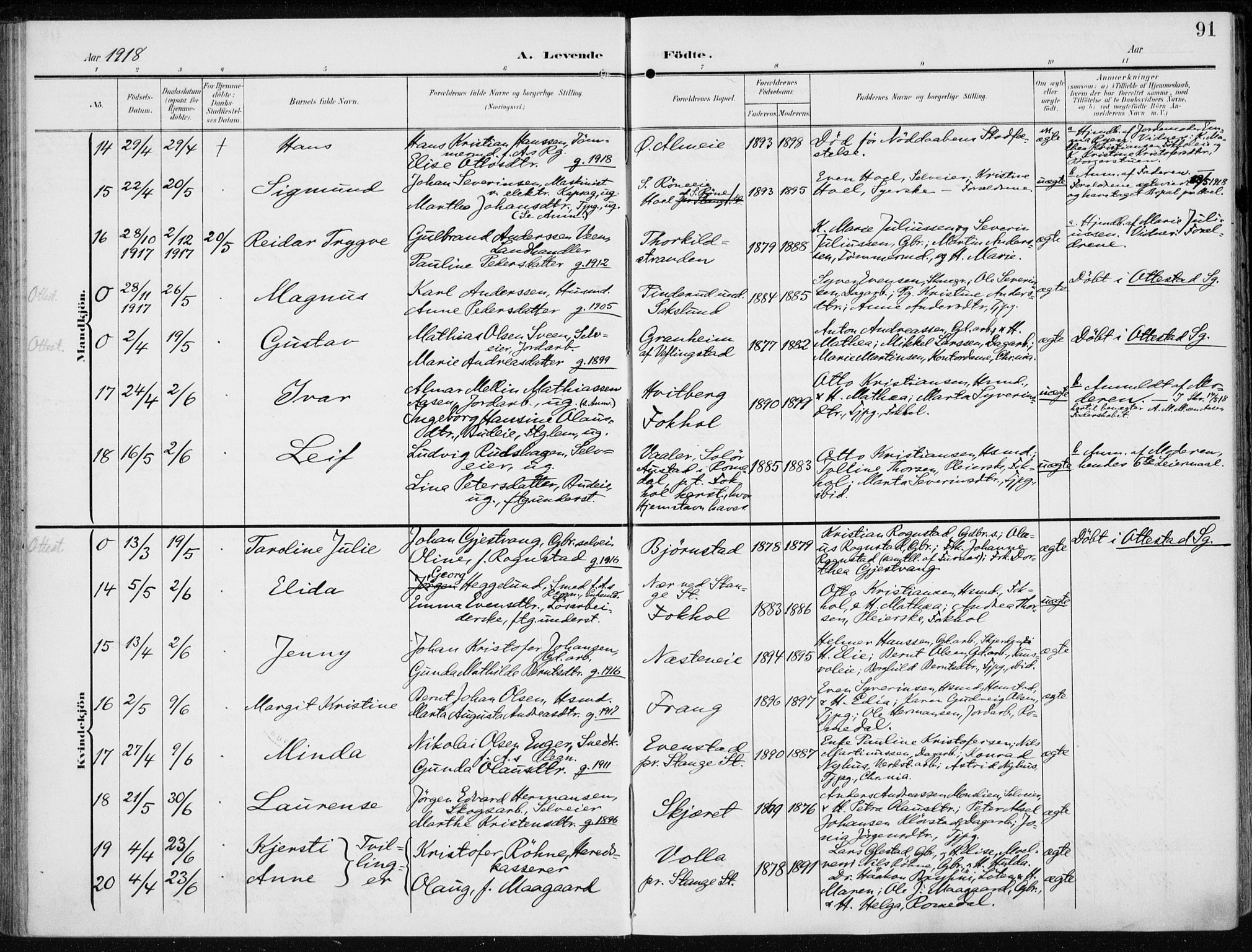 Stange prestekontor, AV/SAH-PREST-002/K/L0024: Parish register (official) no. 24, 1906-1922, p. 91