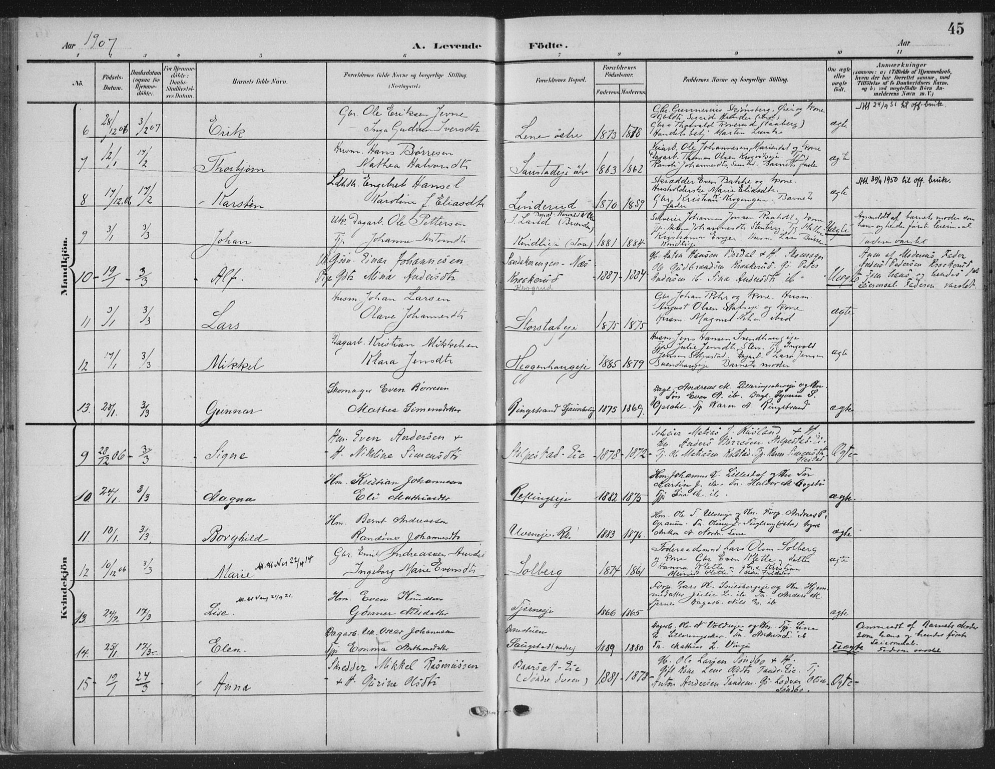 Ringsaker prestekontor, AV/SAH-PREST-014/K/Ka/L0018: Parish register (official) no. 18, 1903-1912, p. 45