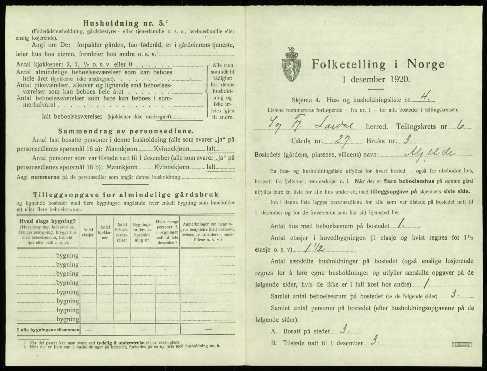 SAB, 1920 census for Lærdal, 1920, p. 428