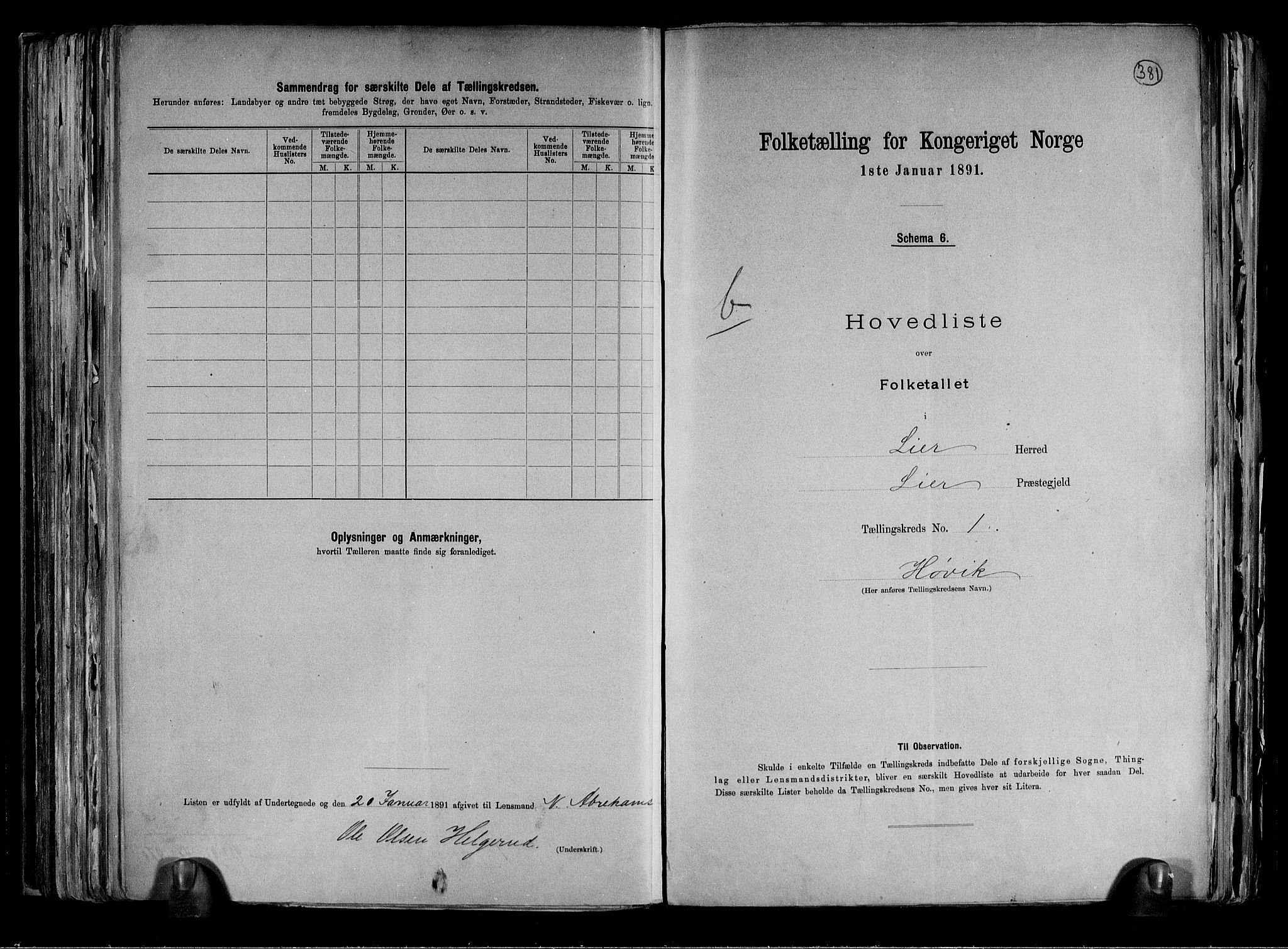 RA, 1891 census for 0626 Lier, 1891, p. 6