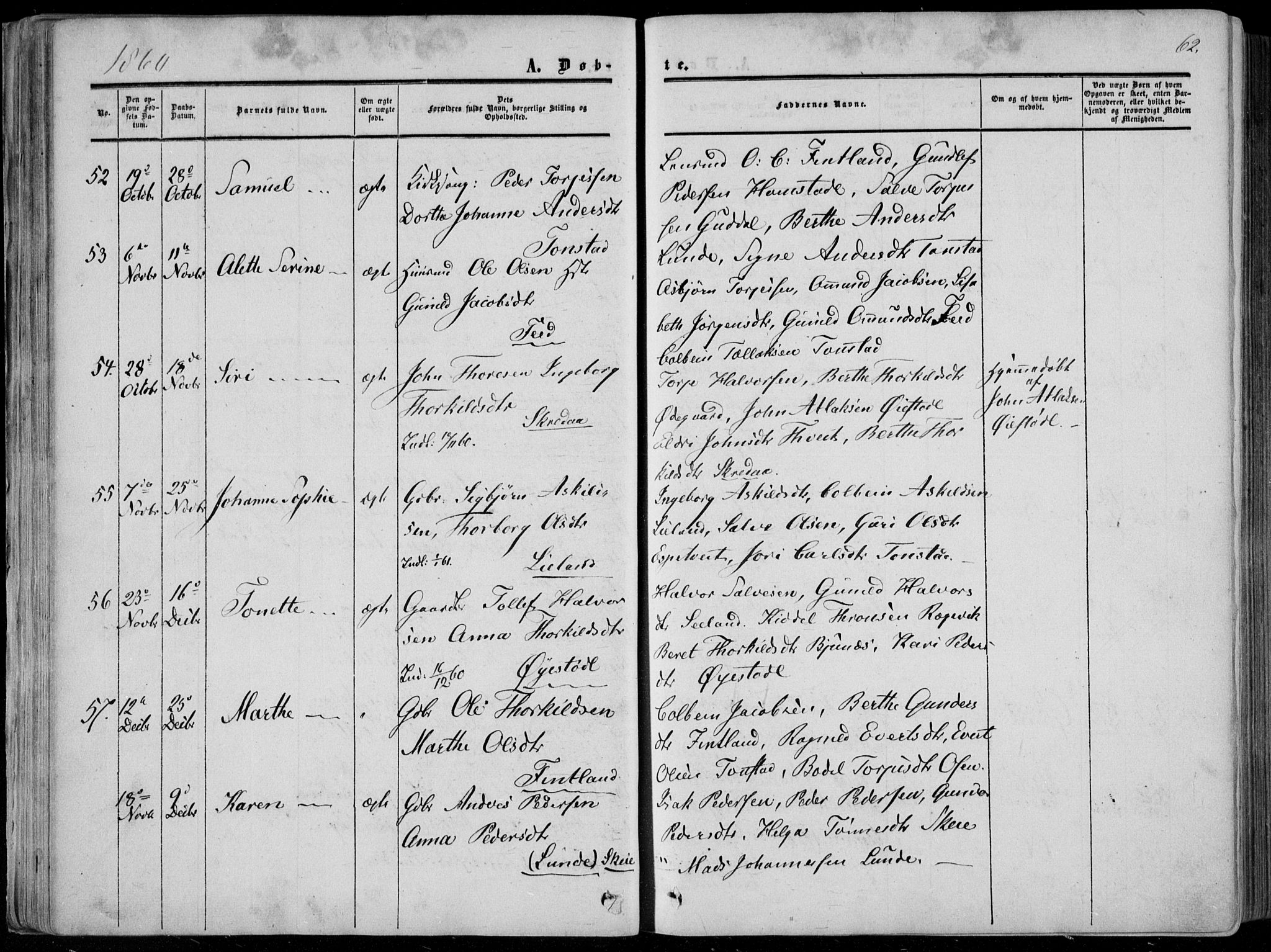 Sirdal sokneprestkontor, SAK/1111-0036/F/Fa/Fab/L0002: Parish register (official) no. A 2, 1855-1874, p. 62