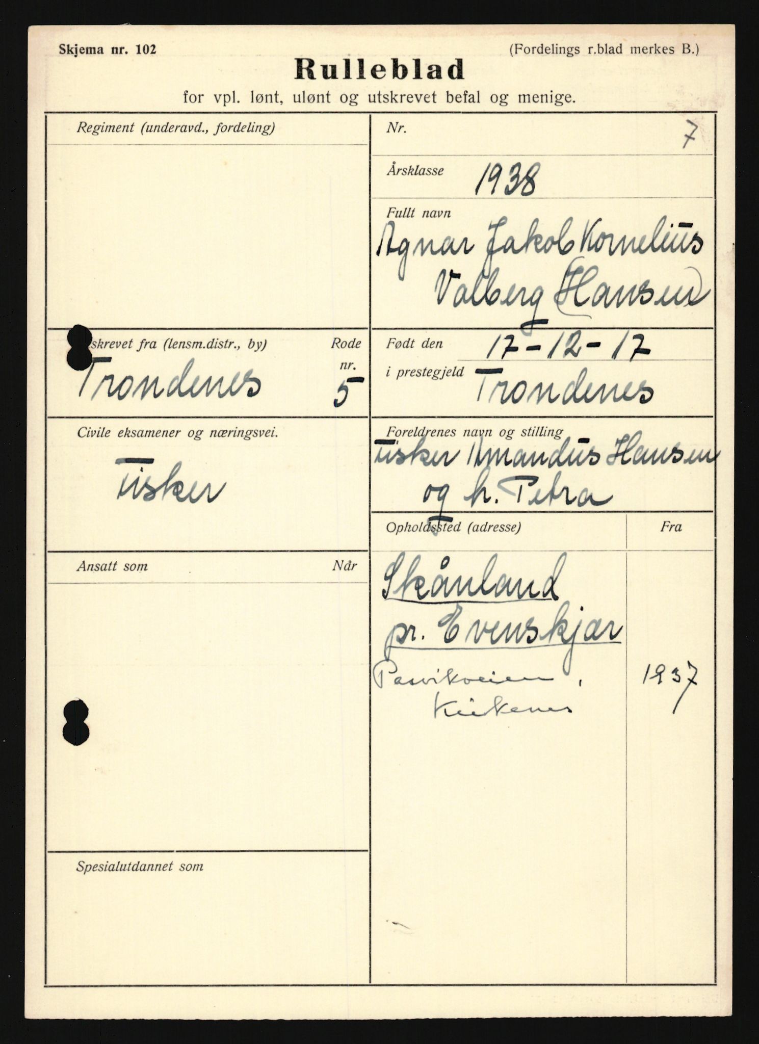 Forsvaret, Troms infanteriregiment nr. 16, AV/RA-RAFA-3146/P/Pa/L0022: Rulleblad for regimentets menige mannskaper, årsklasse 1938, 1938, p. 1653