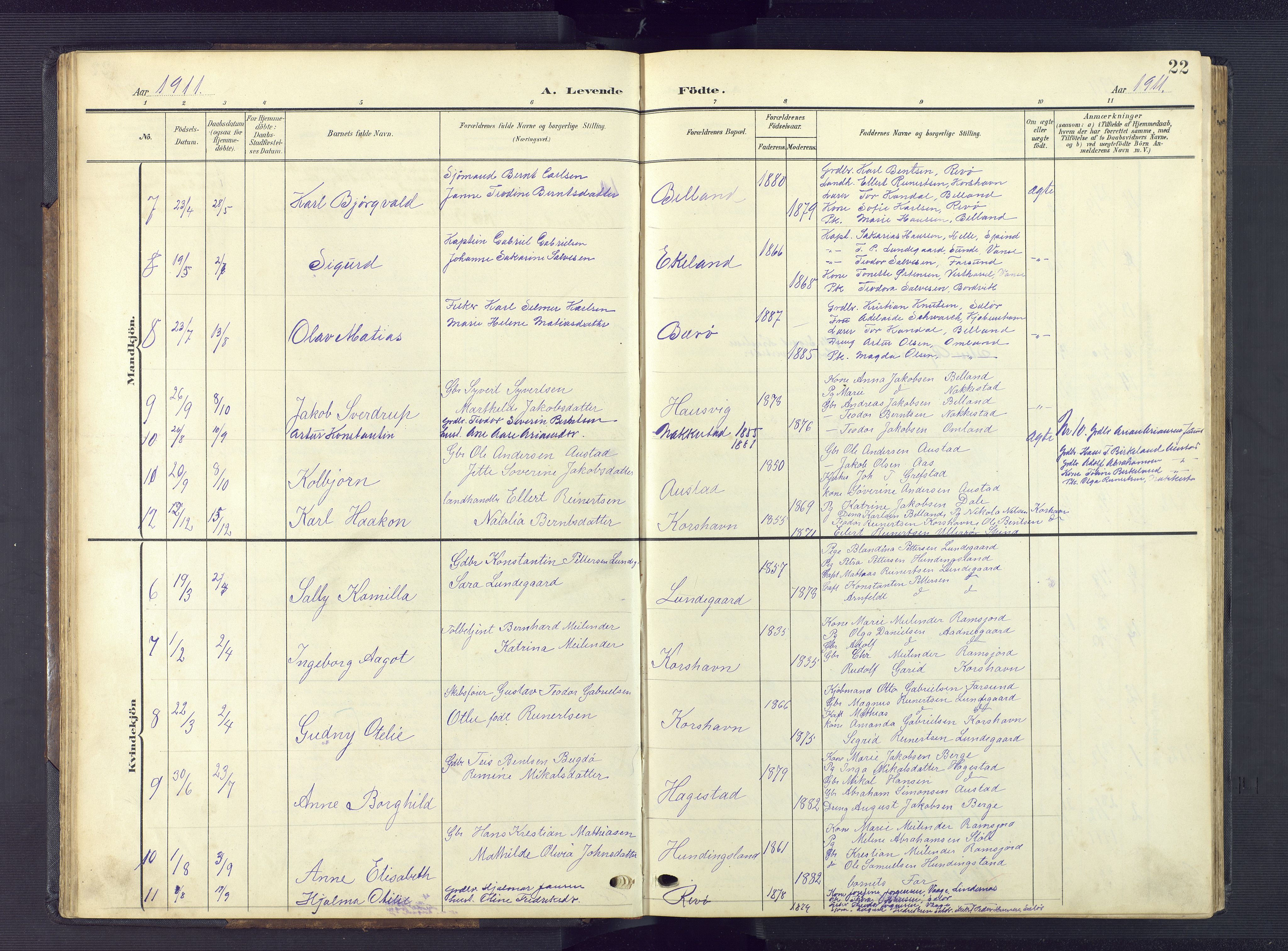 Lyngdal sokneprestkontor, SAK/1111-0029/F/Fb/Fba/L0004: Parish register (copy) no. B 4, 1904-1950, p. 22