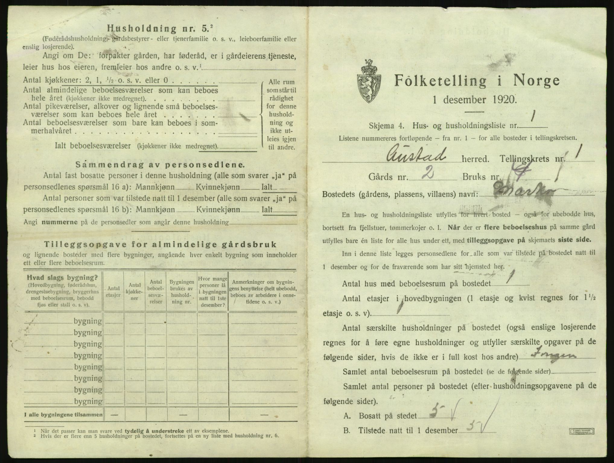 SAK, 1920 census for Austad, 1920, p. 39