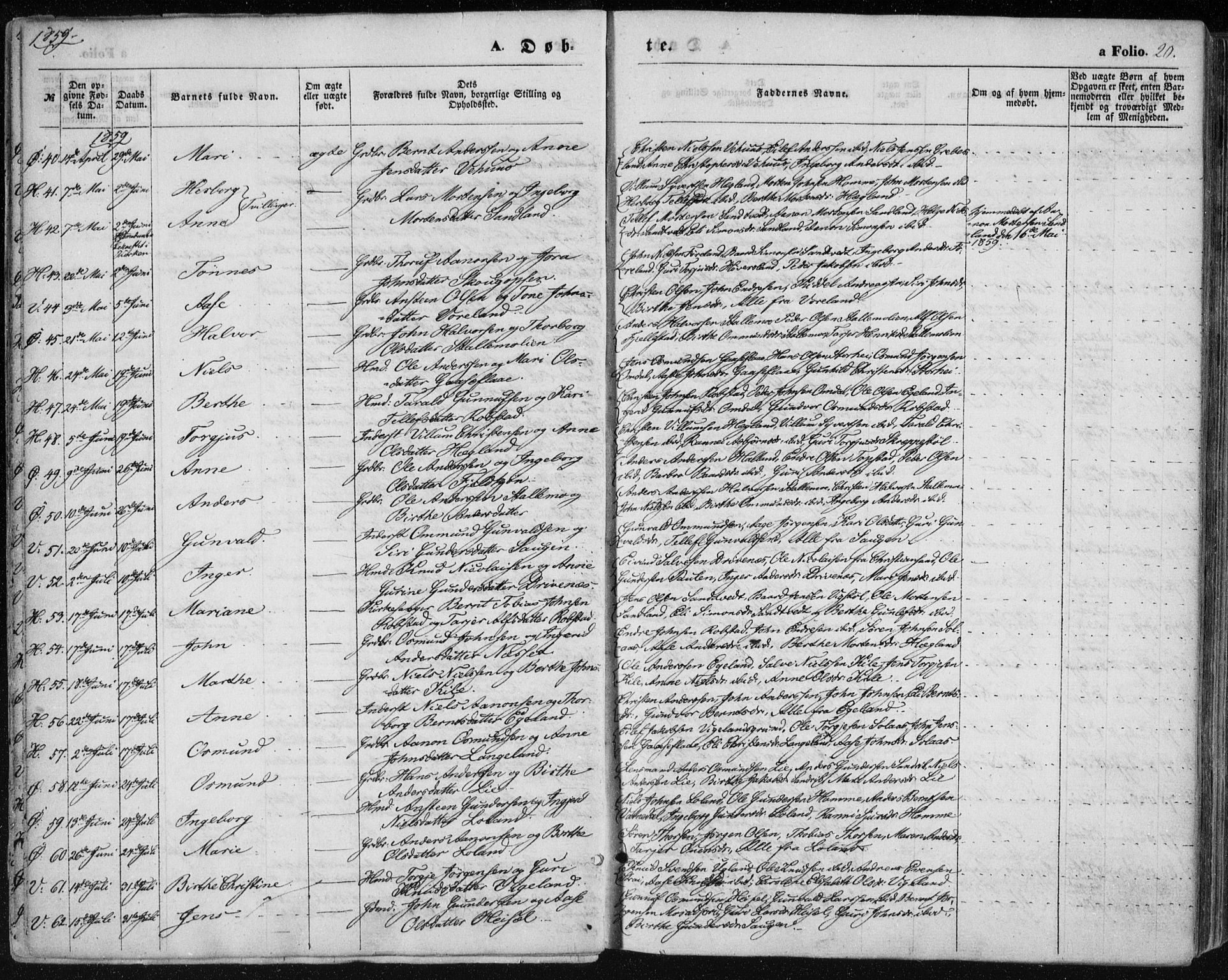 Vennesla sokneprestkontor, AV/SAK-1111-0045/Fa/Fac/L0007: Parish register (official) no. A 7, 1855-1873, p. 20