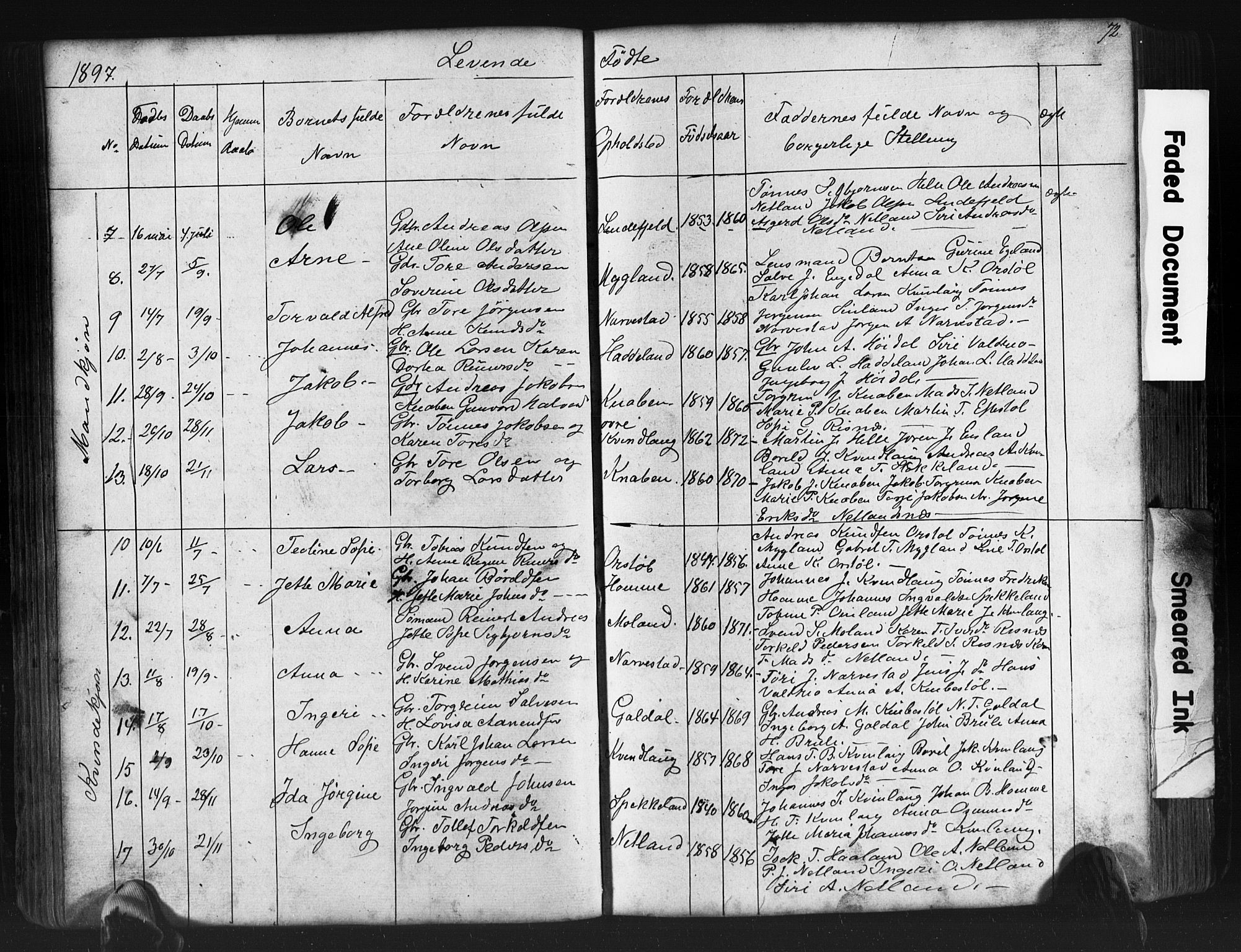 Fjotland sokneprestkontor, SAK/1111-0010/F/Fb/L0003: Parish register (copy) no. B 3, 1872-1924, p. 72