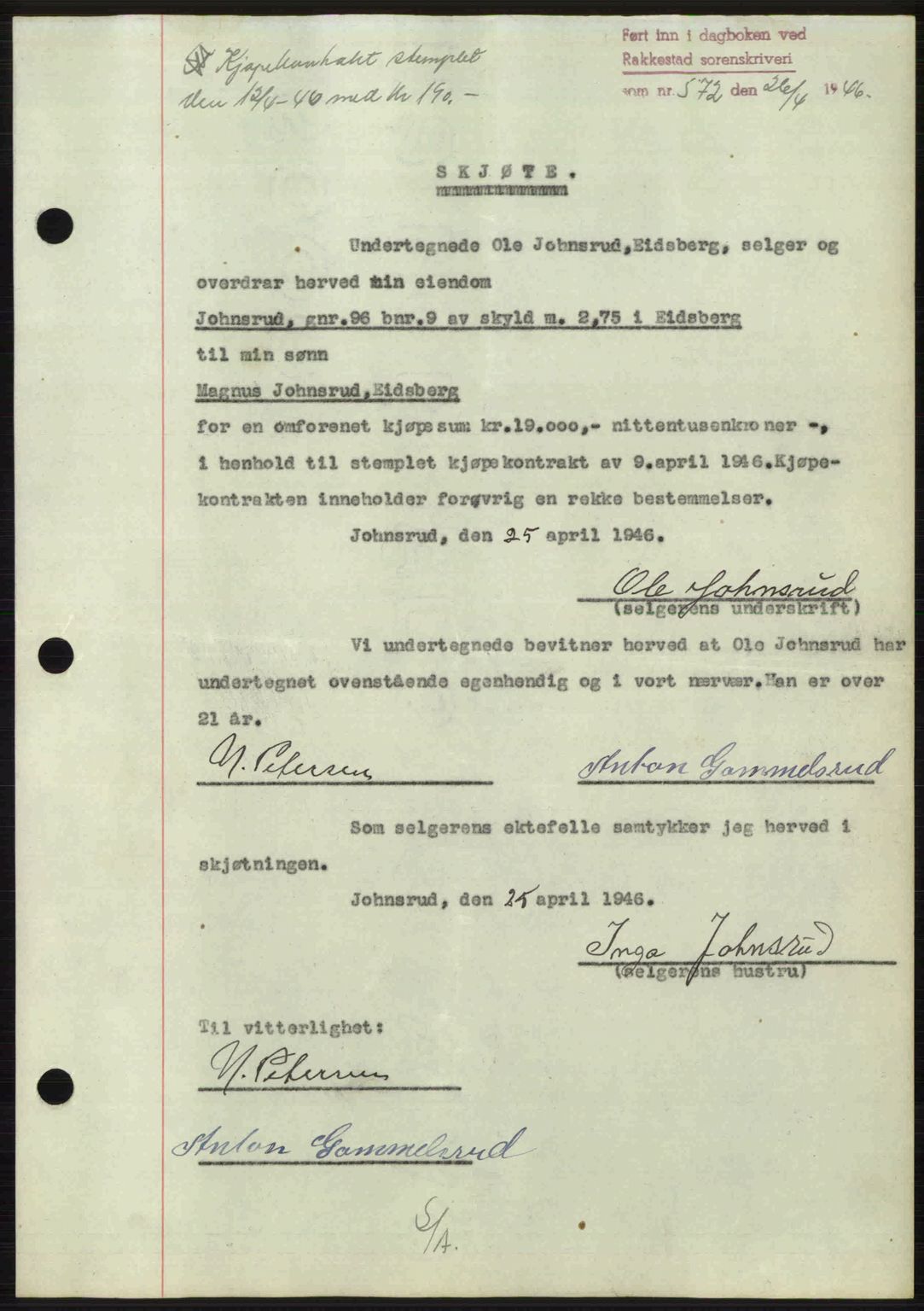 Rakkestad sorenskriveri, AV/SAO-A-10686/G/Gb/Gba/Gbab/L0012a: Mortgage book no. A12 I, 1945-1946, Diary no: : 572/1946