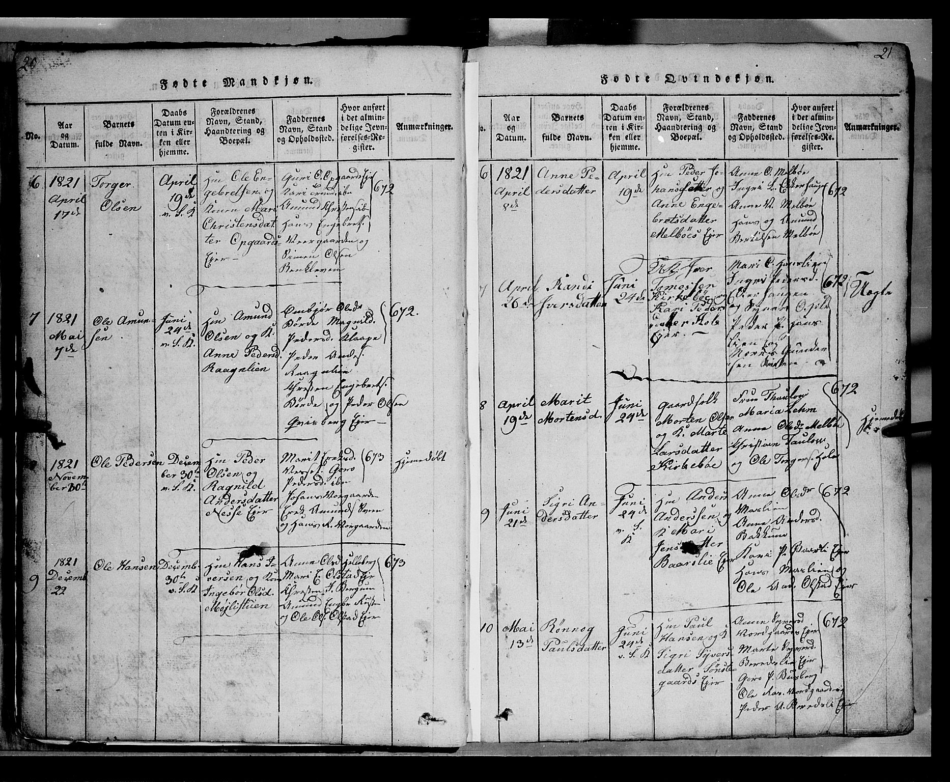 Gausdal prestekontor, AV/SAH-PREST-090/H/Ha/Hab/L0002: Parish register (copy) no. 2, 1818-1874, p. 20-21