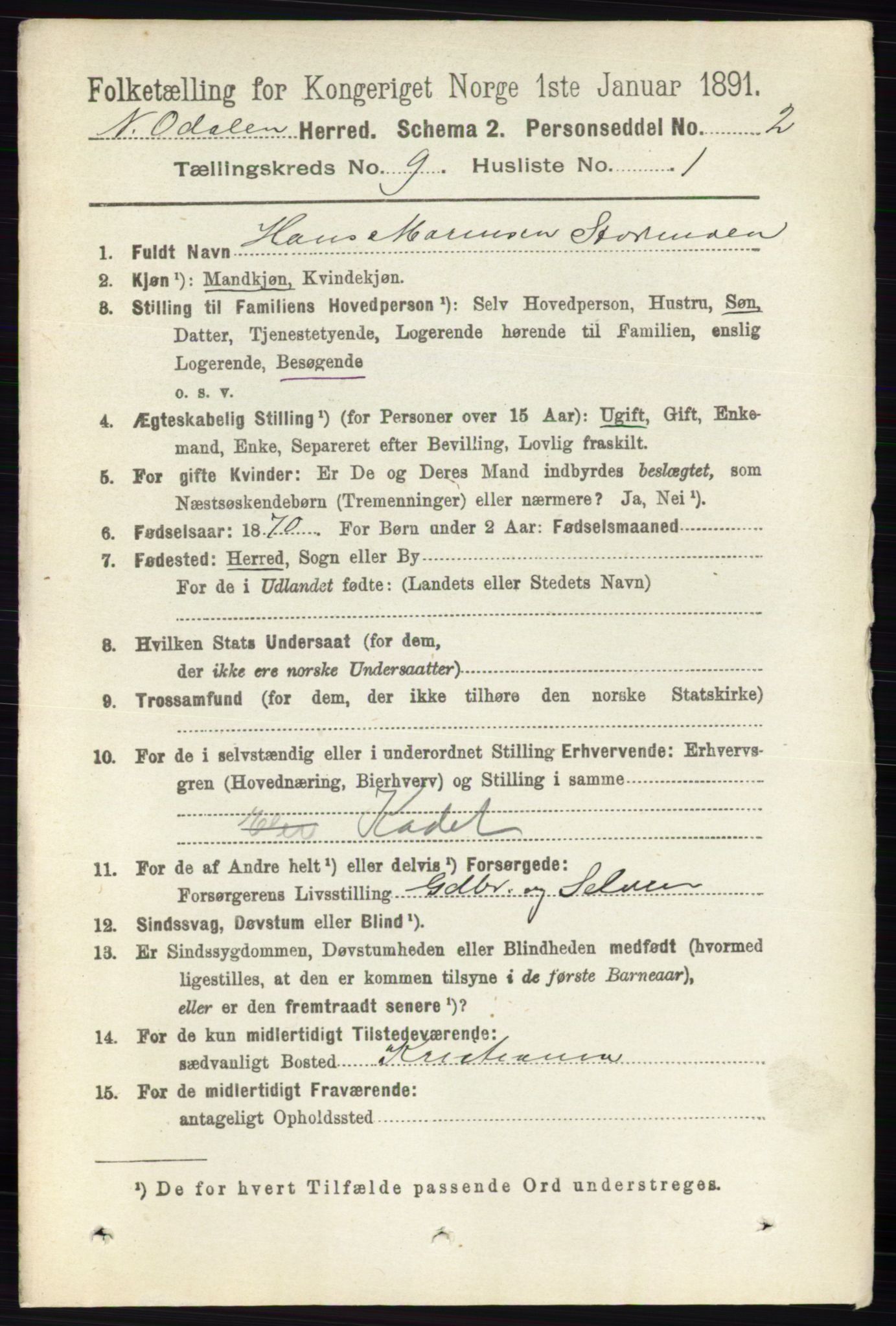 RA, 1891 census for 0418 Nord-Odal, 1891, p. 4005