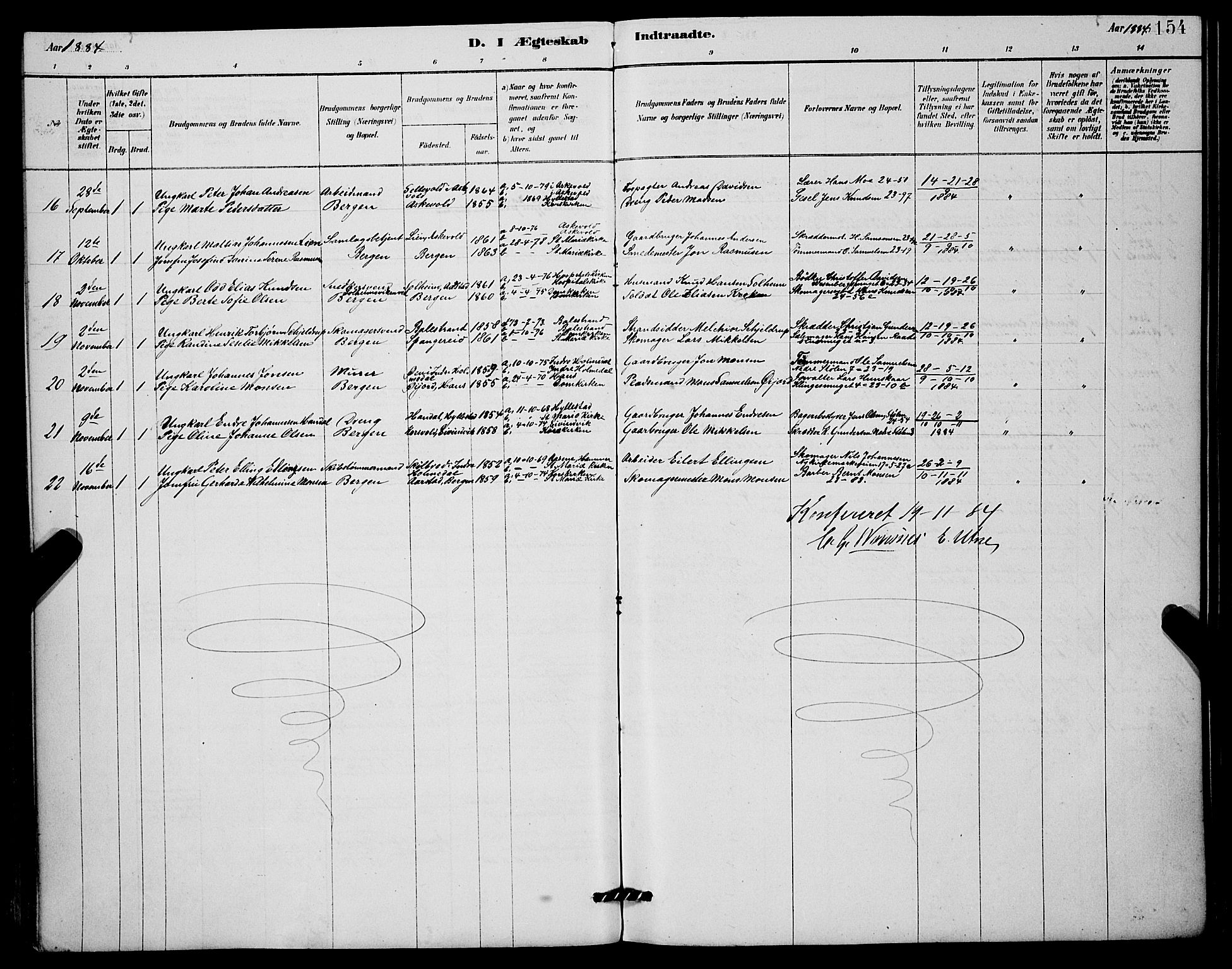 Mariakirken Sokneprestembete, AV/SAB-A-76901/H/Hab/L0004: Parish register (copy) no. A 4, 1878-1892, p. 154