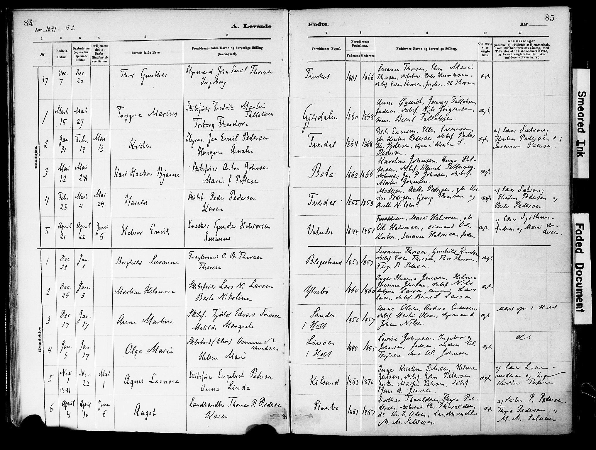 Dypvåg sokneprestkontor, SAK/1111-0007/F/Fa/Fab/L0001: Parish register (official) no. A 1, 1885-1912, p. 84-85