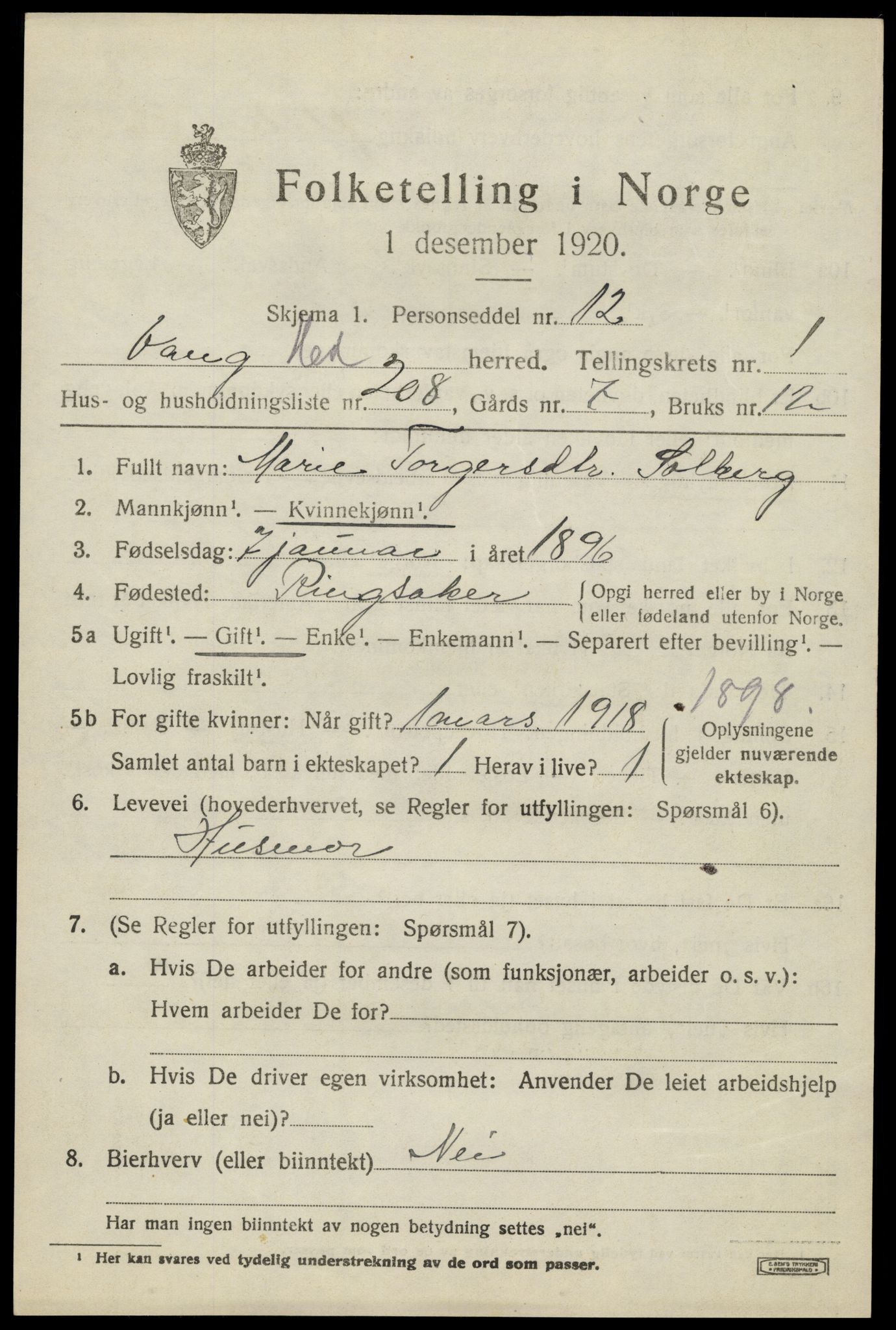 SAH, 1920 census for Vang (Hedmark), 1920, p. 5999