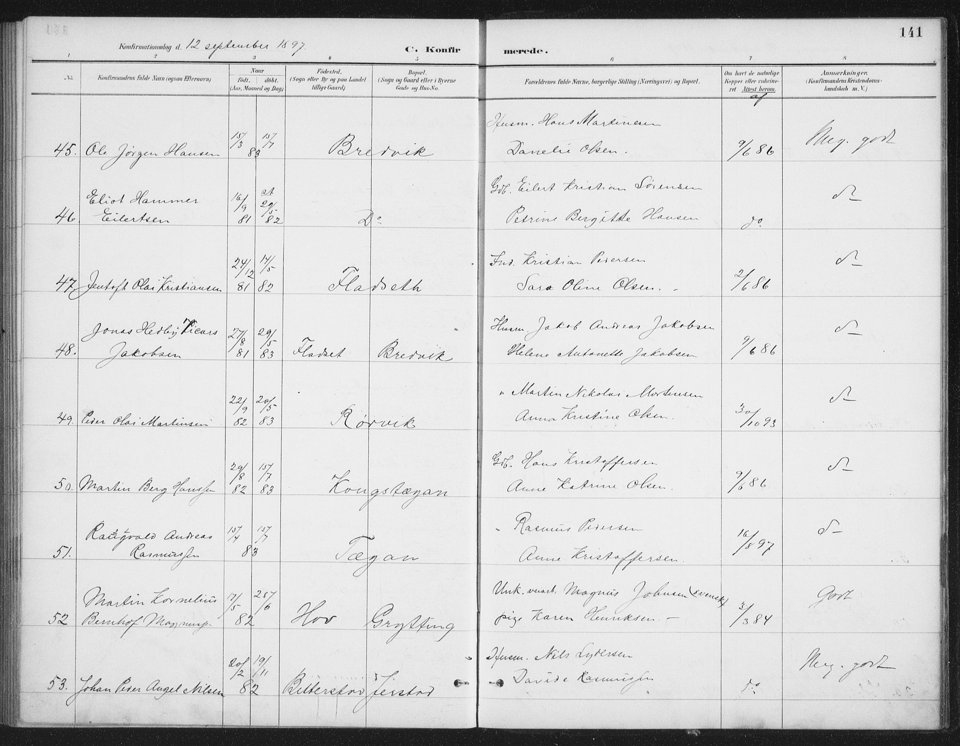 Ministerialprotokoller, klokkerbøker og fødselsregistre - Nordland, AV/SAT-A-1459/888/L1245: Parish register (official) no. 888A11, 1888-1900, p. 141