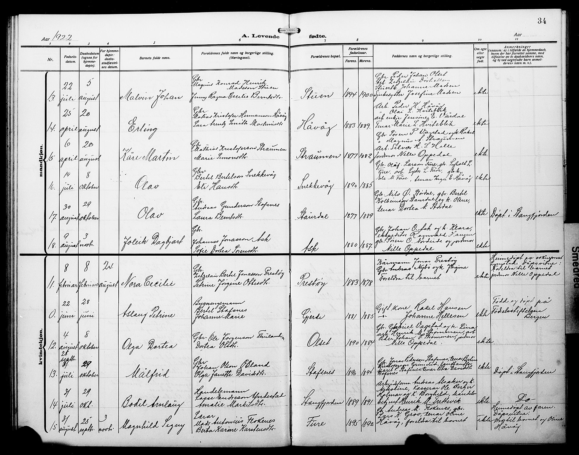 Askvoll sokneprestembete, AV/SAB-A-79501/H/Hab/Haba/L0004: Parish register (copy) no. A 4, 1913-1929, p. 34