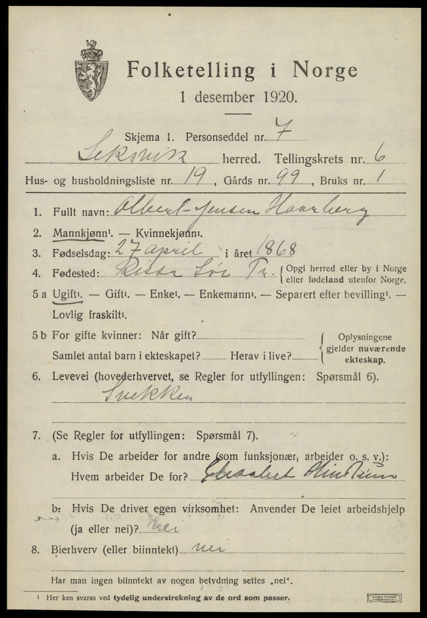 SAT, 1920 census for Leksvik, 1920, p. 5672