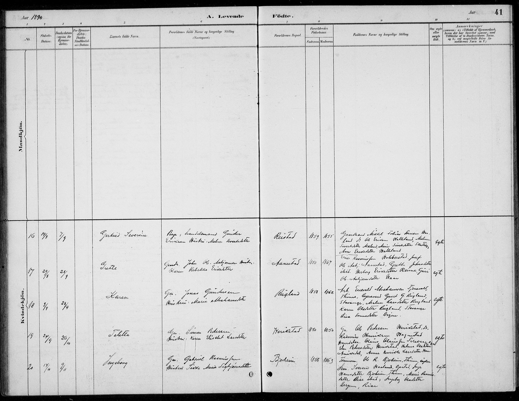 Hå sokneprestkontor, AV/SAST-A-101801/001/30BB/L0004: Parish register (copy) no. B 4, 1883-1899, p. 41