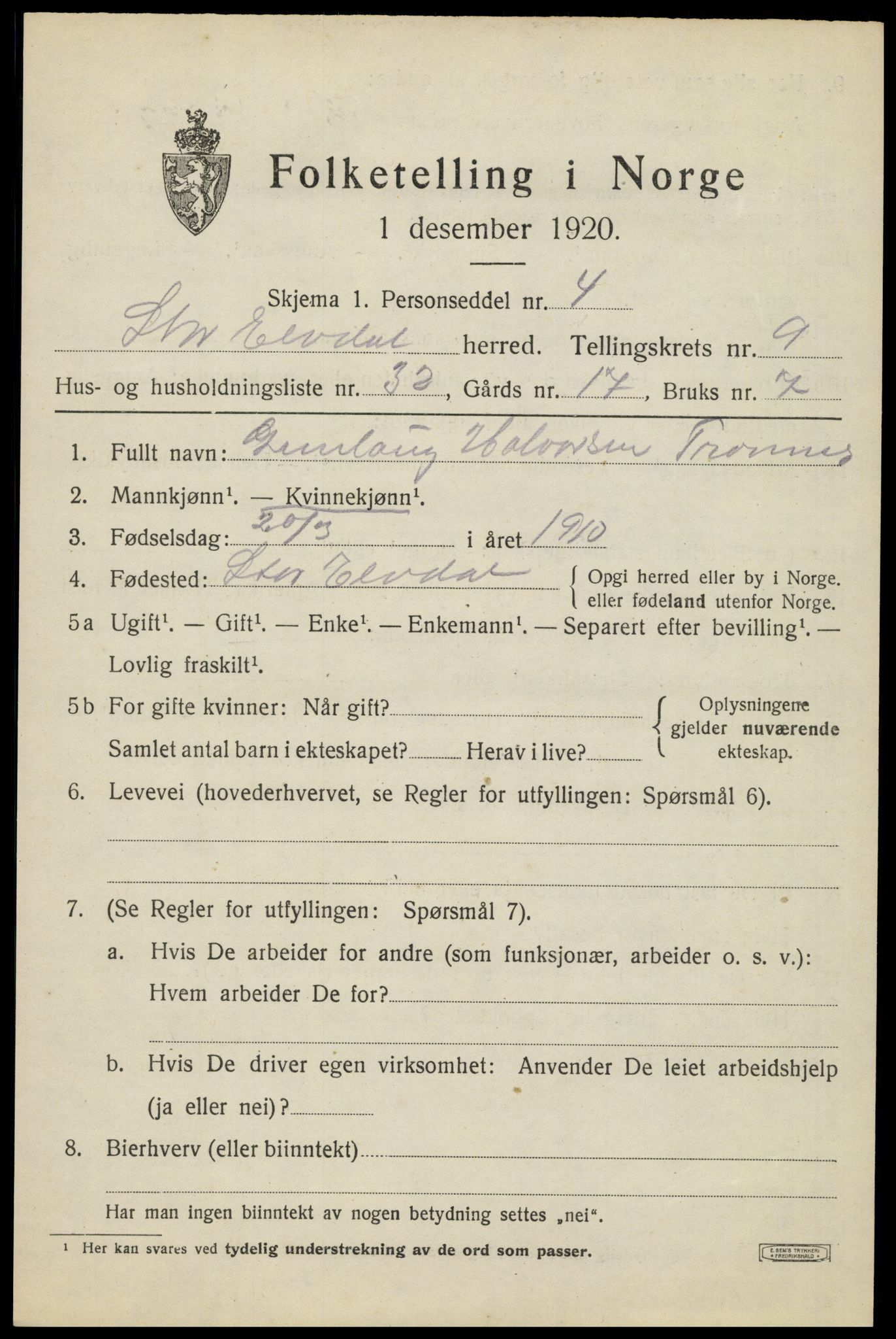 SAH, 1920 census for Stor-Elvdal, 1920, p. 8850