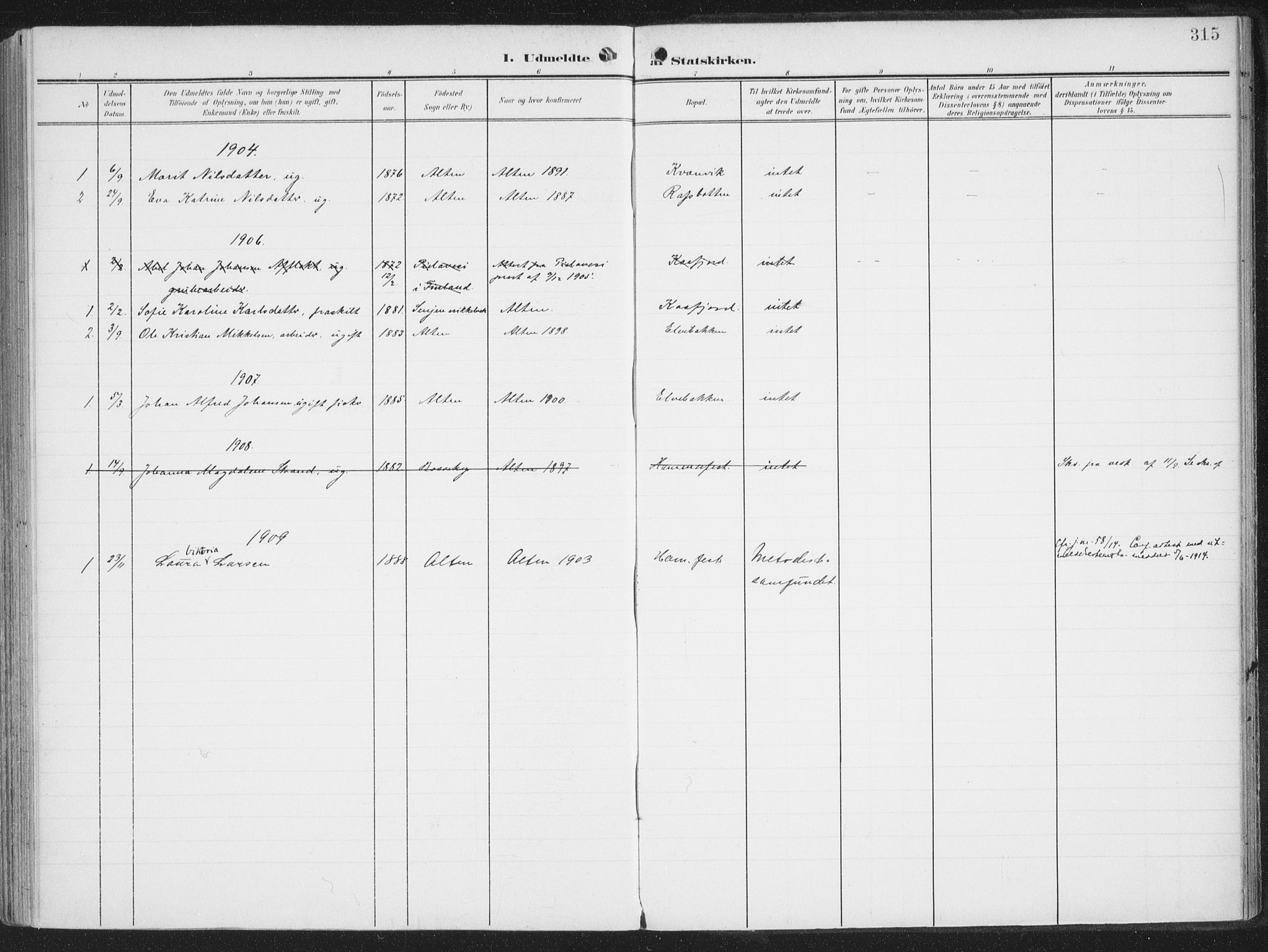 Alta sokneprestkontor, AV/SATØ-S-1338/H/Ha/L0005.kirke: Parish register (official) no. 5, 1904-1918, p. 315
