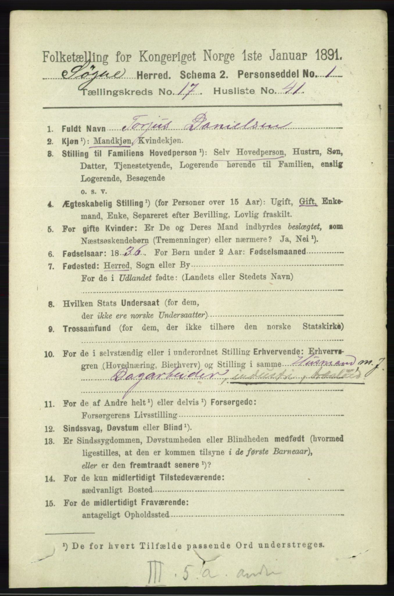 RA, 1891 census for 1018 Søgne, 1891, p. 4698