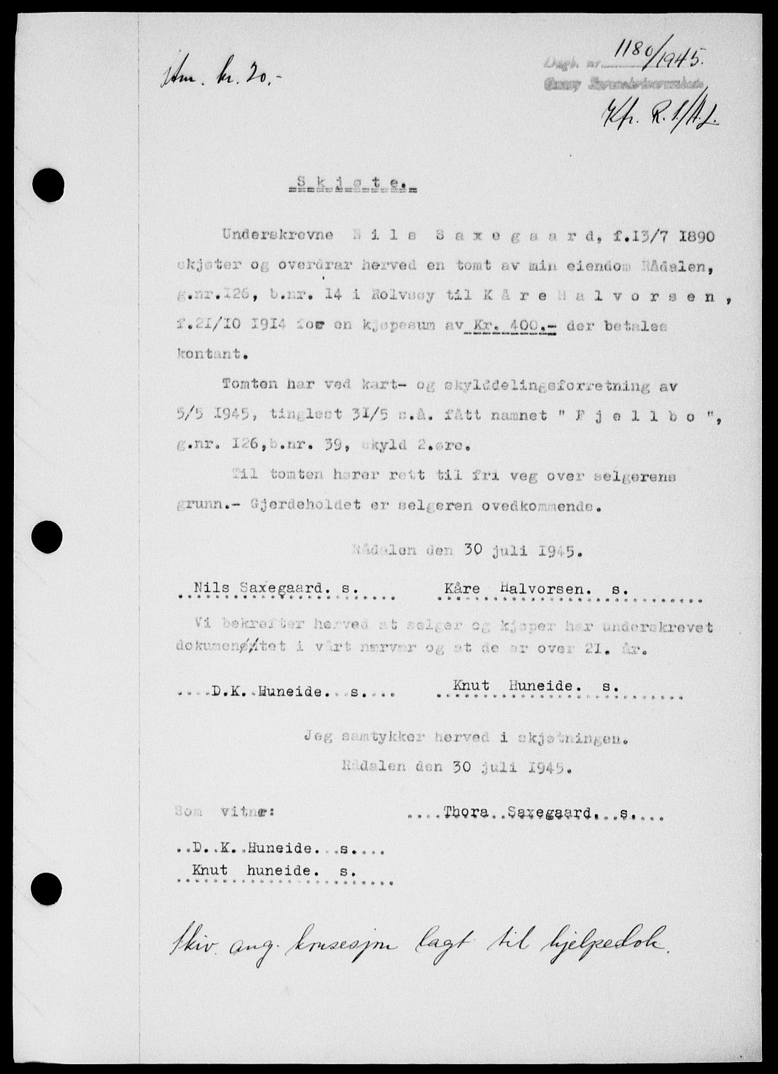 Onsøy sorenskriveri, SAO/A-10474/G/Ga/Gab/L0014: Mortgage book no. II A-14, 1944-1945, Diary no: : 1180/1945