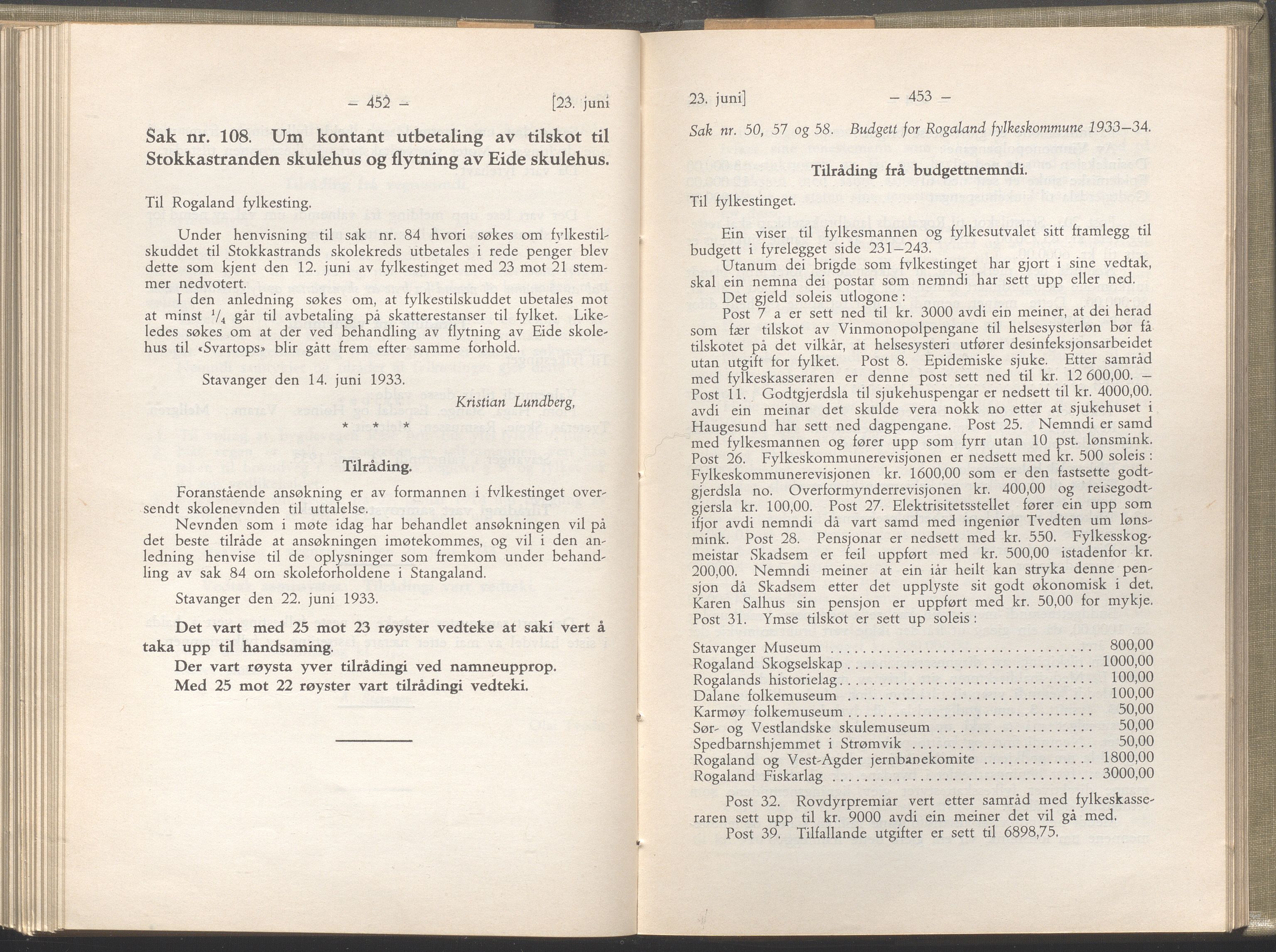 Rogaland fylkeskommune - Fylkesrådmannen , IKAR/A-900/A/Aa/Aaa/L0052: Møtebok , 1933, p. 452-453