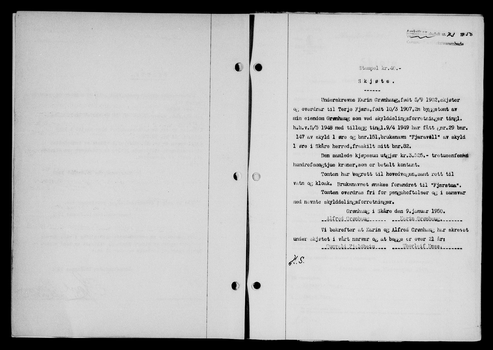Karmsund sorenskriveri, SAST/A-100311/01/II/IIB/L0098: Mortgage book no. 78A, 1949-1950, Diary no: : 73/1950