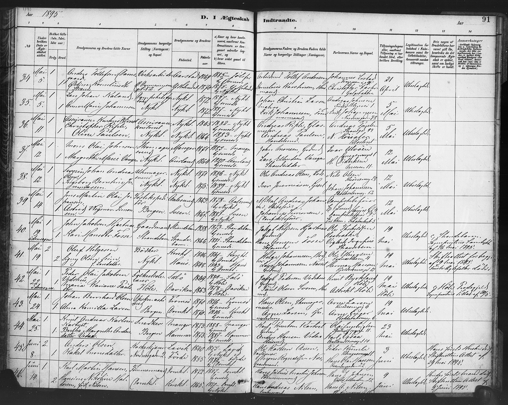 Nykirken Sokneprestembete, AV/SAB-A-77101/H/Haa/L0033: Parish register (official) no. D 3, 1884-1895, p. 91