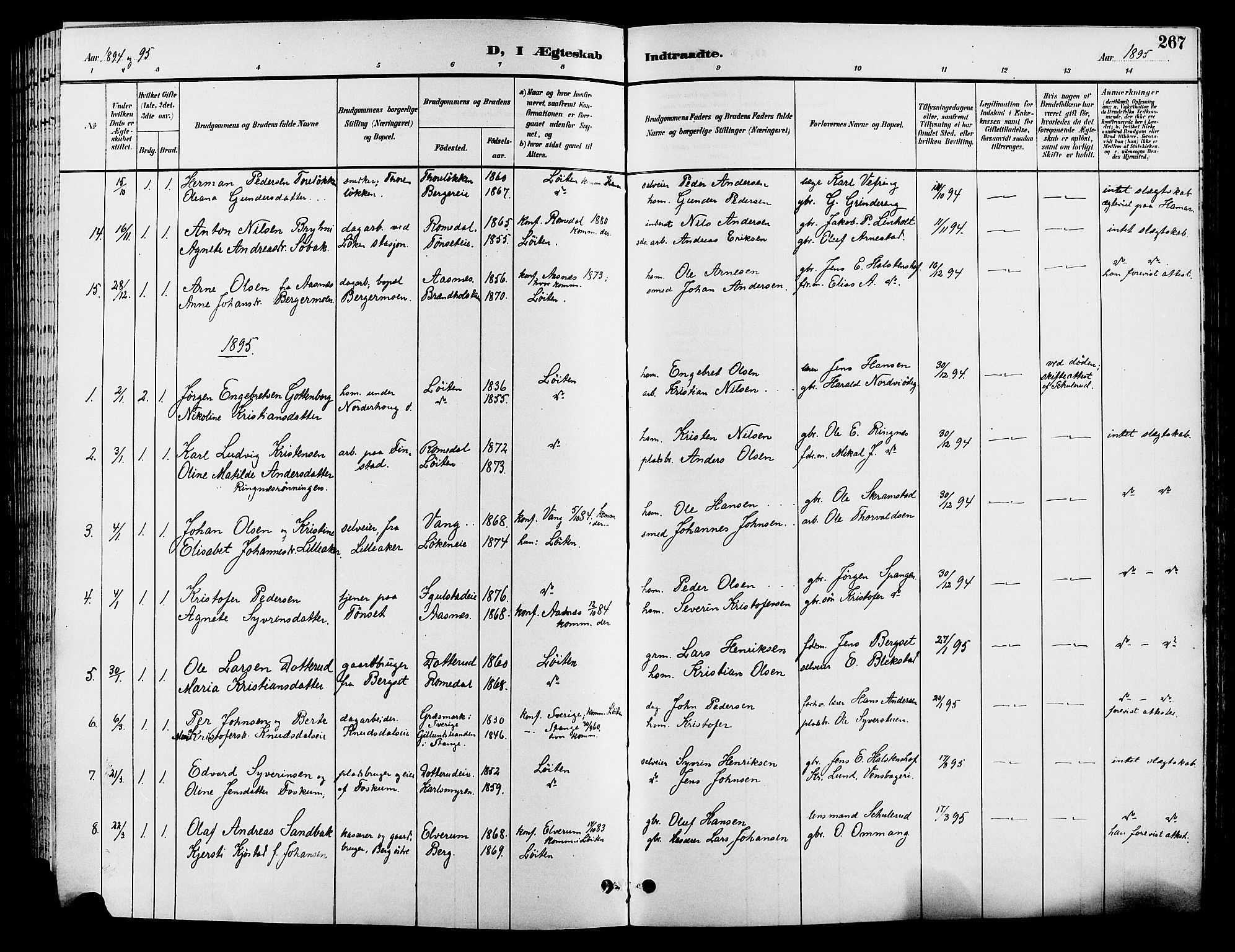Løten prestekontor, SAH/PREST-022/L/La/L0006: Parish register (copy) no. 6, 1892-1909, p. 267