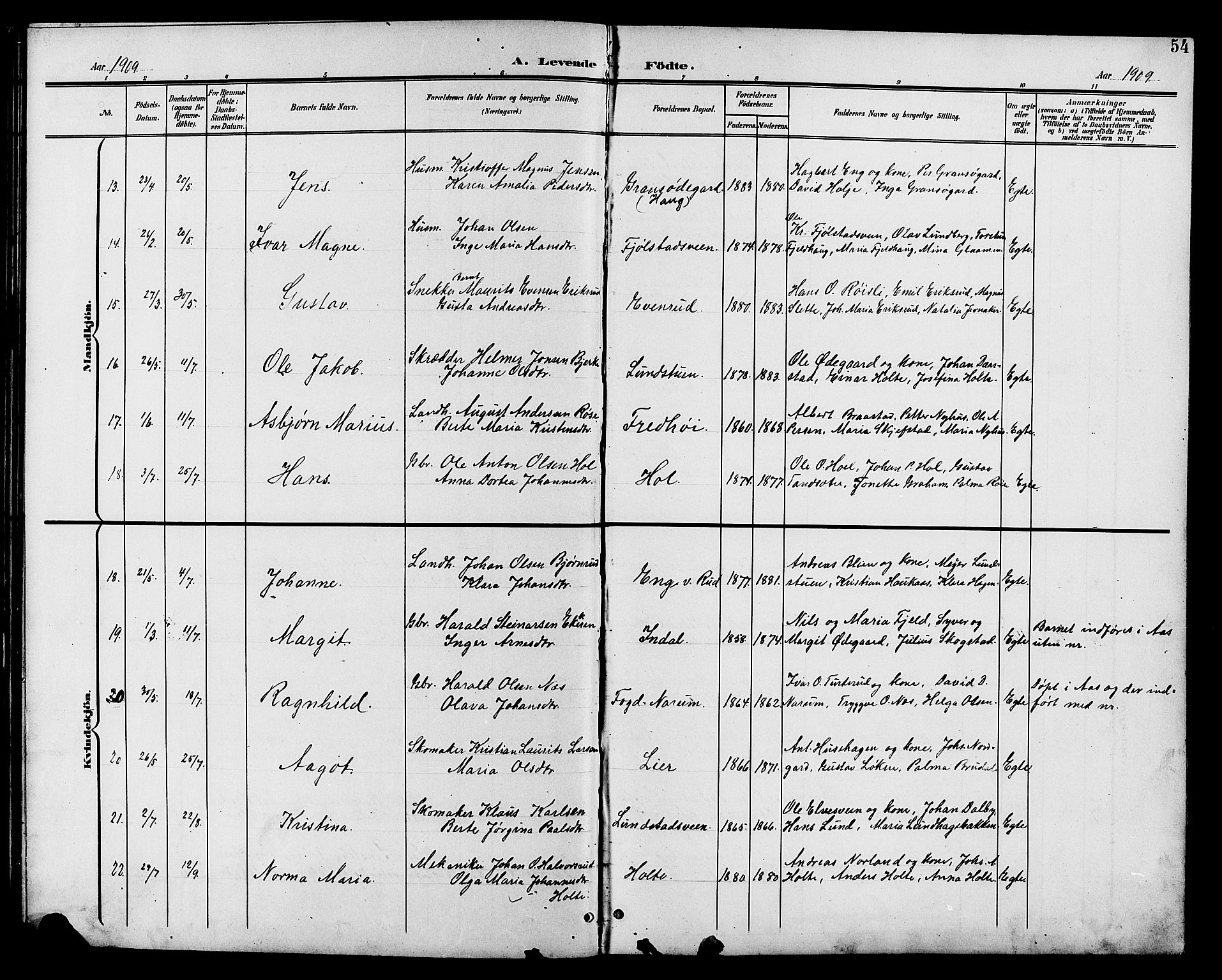 Vestre Toten prestekontor, AV/SAH-PREST-108/H/Ha/Hab/L0011: Parish register (copy) no. 11, 1901-1911, p. 54