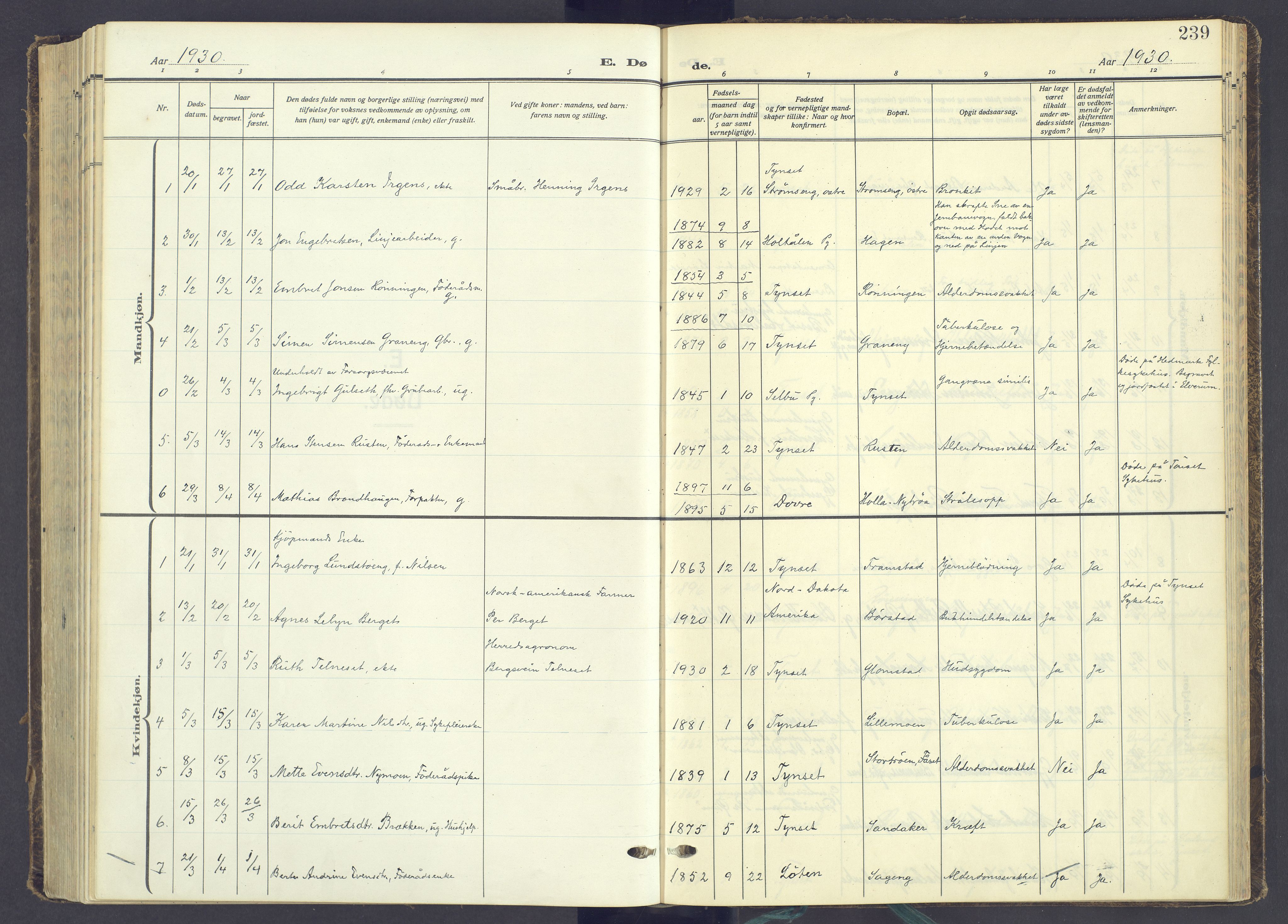 Tynset prestekontor, AV/SAH-PREST-058/H/Ha/Haa/L0027: Parish register (official) no. 27, 1930-1944, p. 239