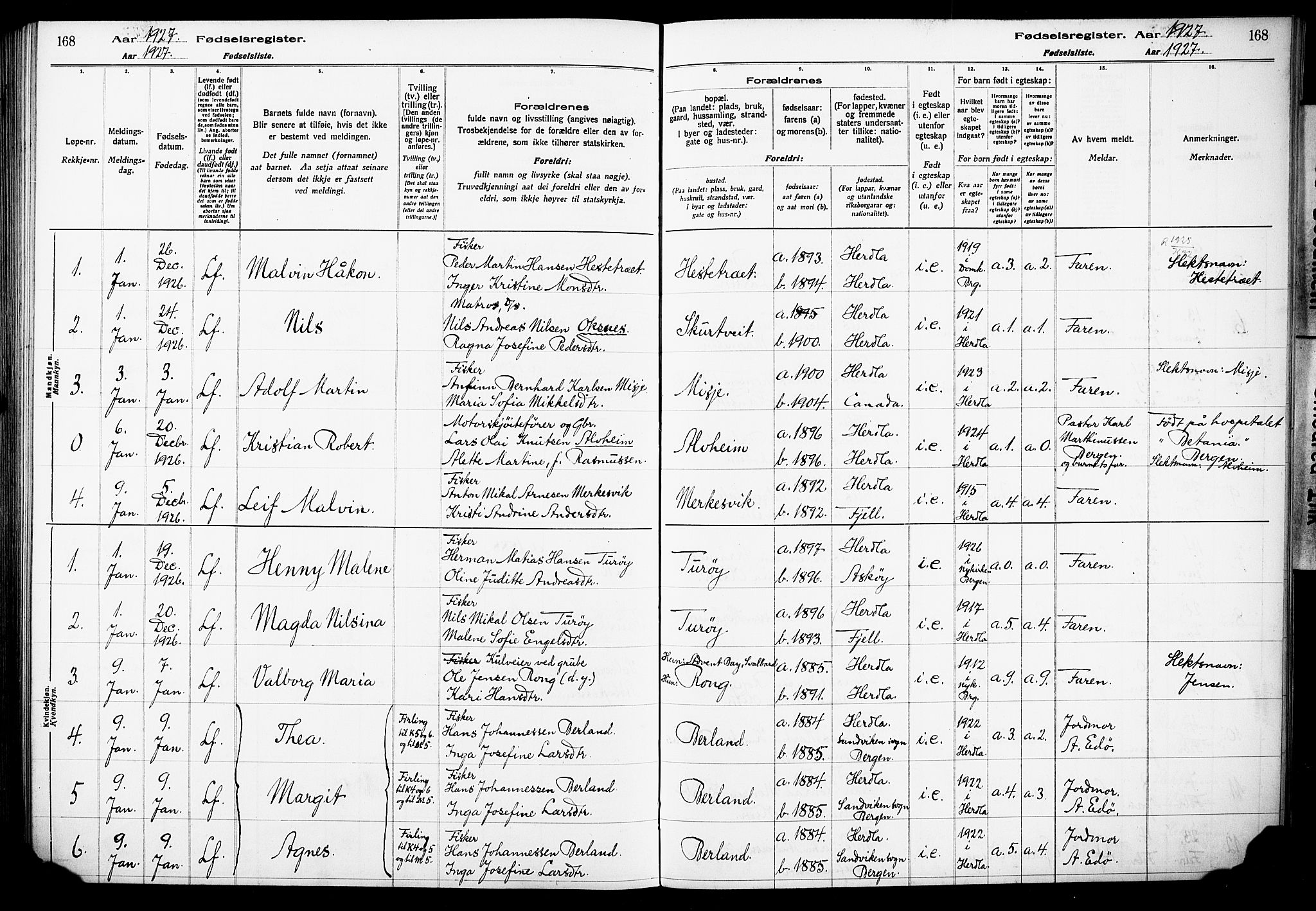 Herdla Sokneprestembete, AV/SAB-A-75701/I/Id/L00A1: Birth register no. A 1, 1916-1929, p. 168