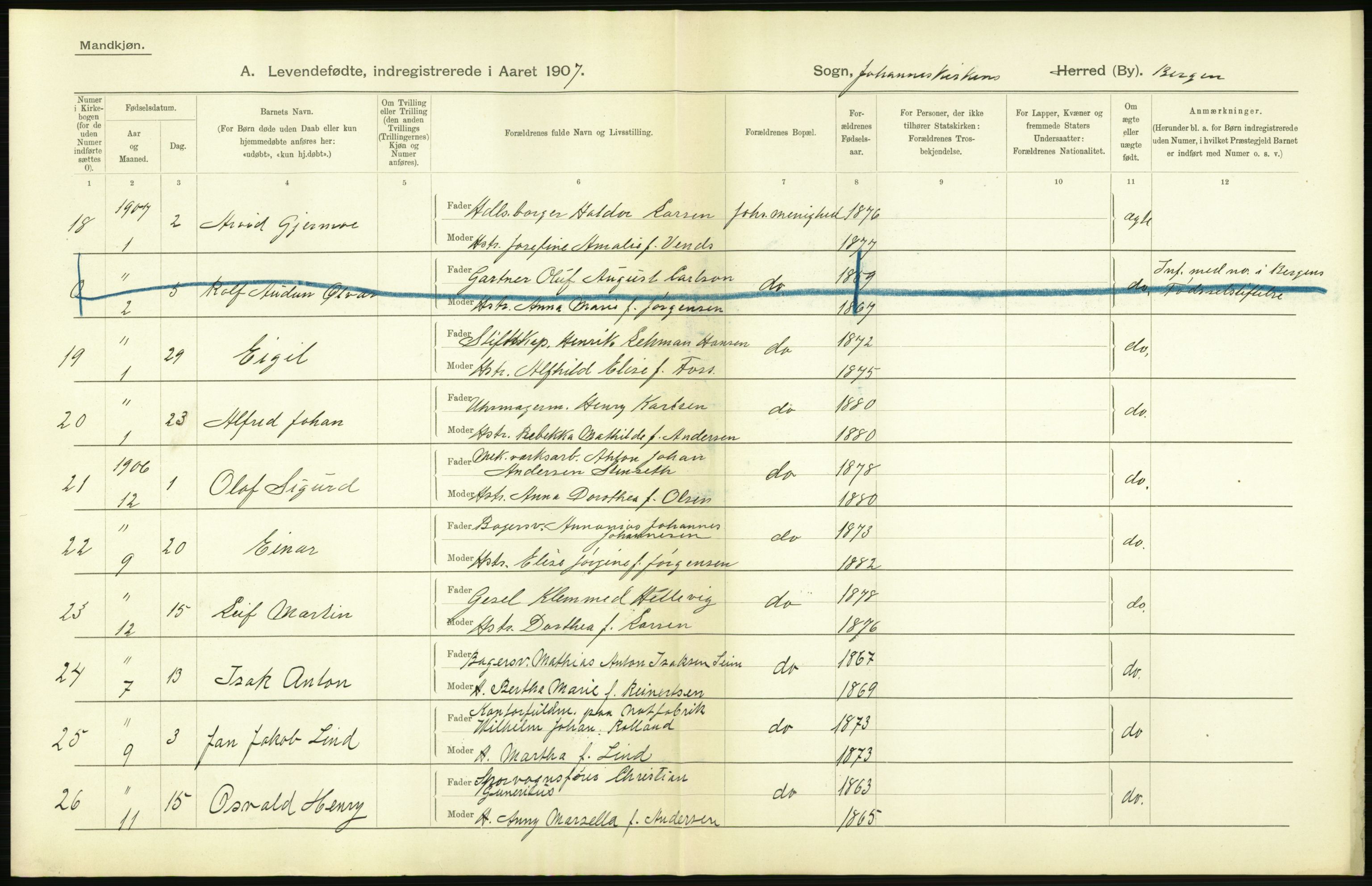 Statistisk sentralbyrå, Sosiodemografiske emner, Befolkning, AV/RA-S-2228/D/Df/Dfa/Dfae/L0030: Bergen: Levendefødte menn og kvinner., 1907, p. 46