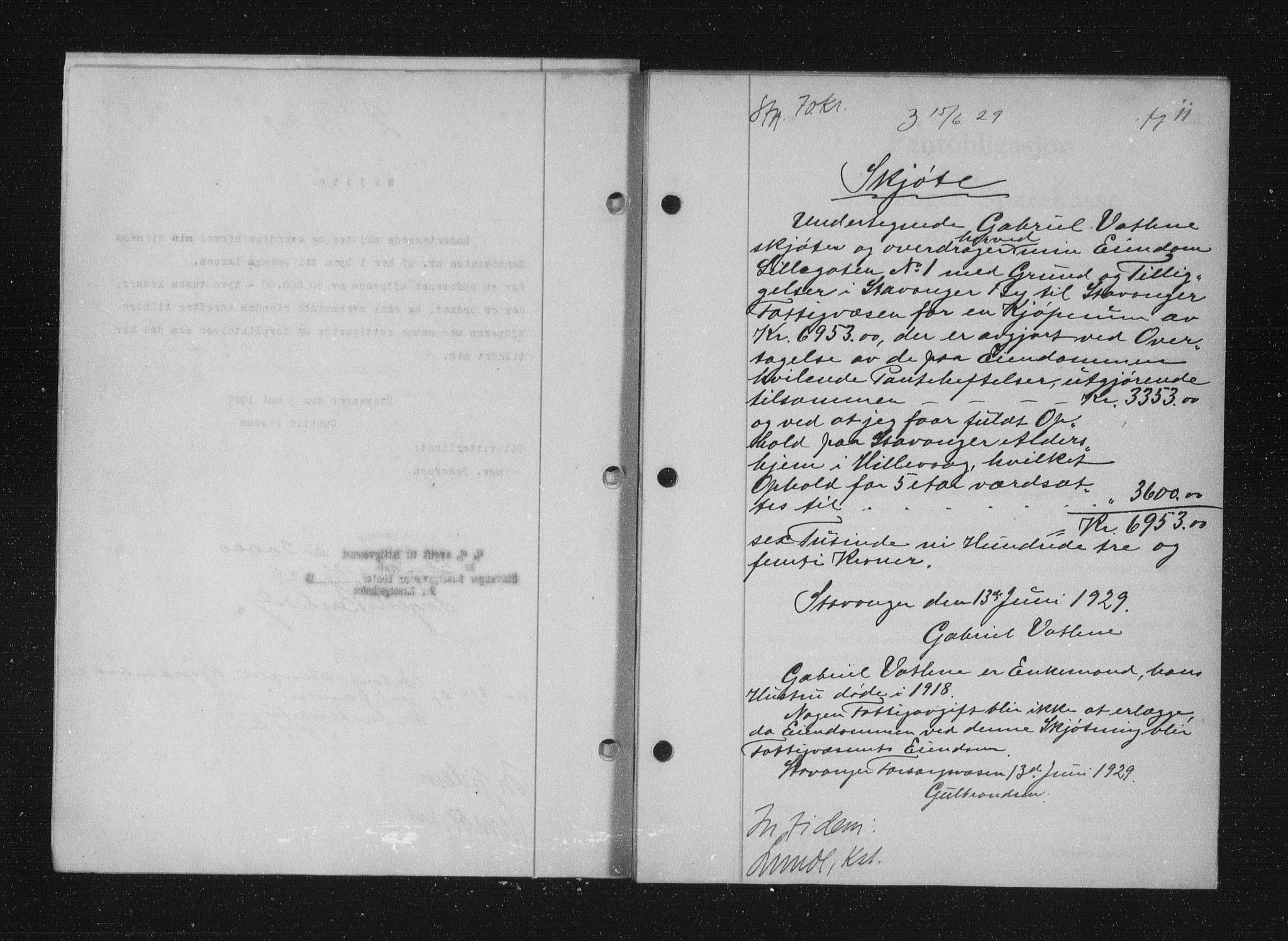 Stavanger byfogd, SAST/A-101408/001/4/41/410/410BB/L0056: Mortgage book no. 44, 1929-1930, Deed date: 15.06.1929