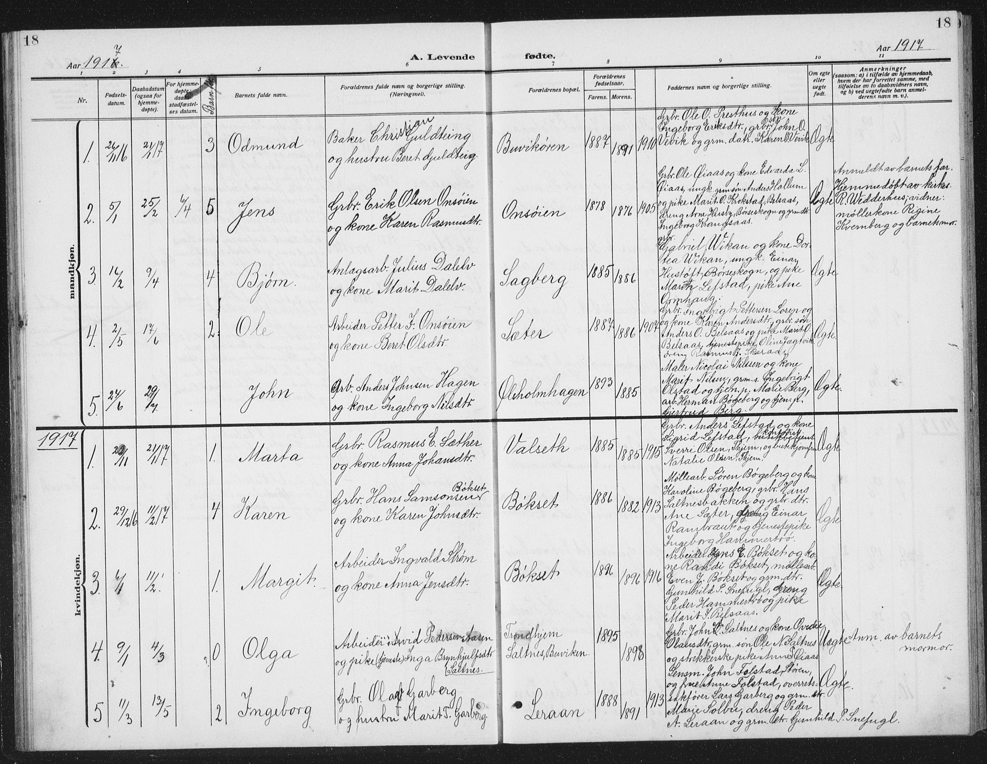 Ministerialprotokoller, klokkerbøker og fødselsregistre - Sør-Trøndelag, SAT/A-1456/666/L0791: Parish register (copy) no. 666C04, 1909-1939, p. 18