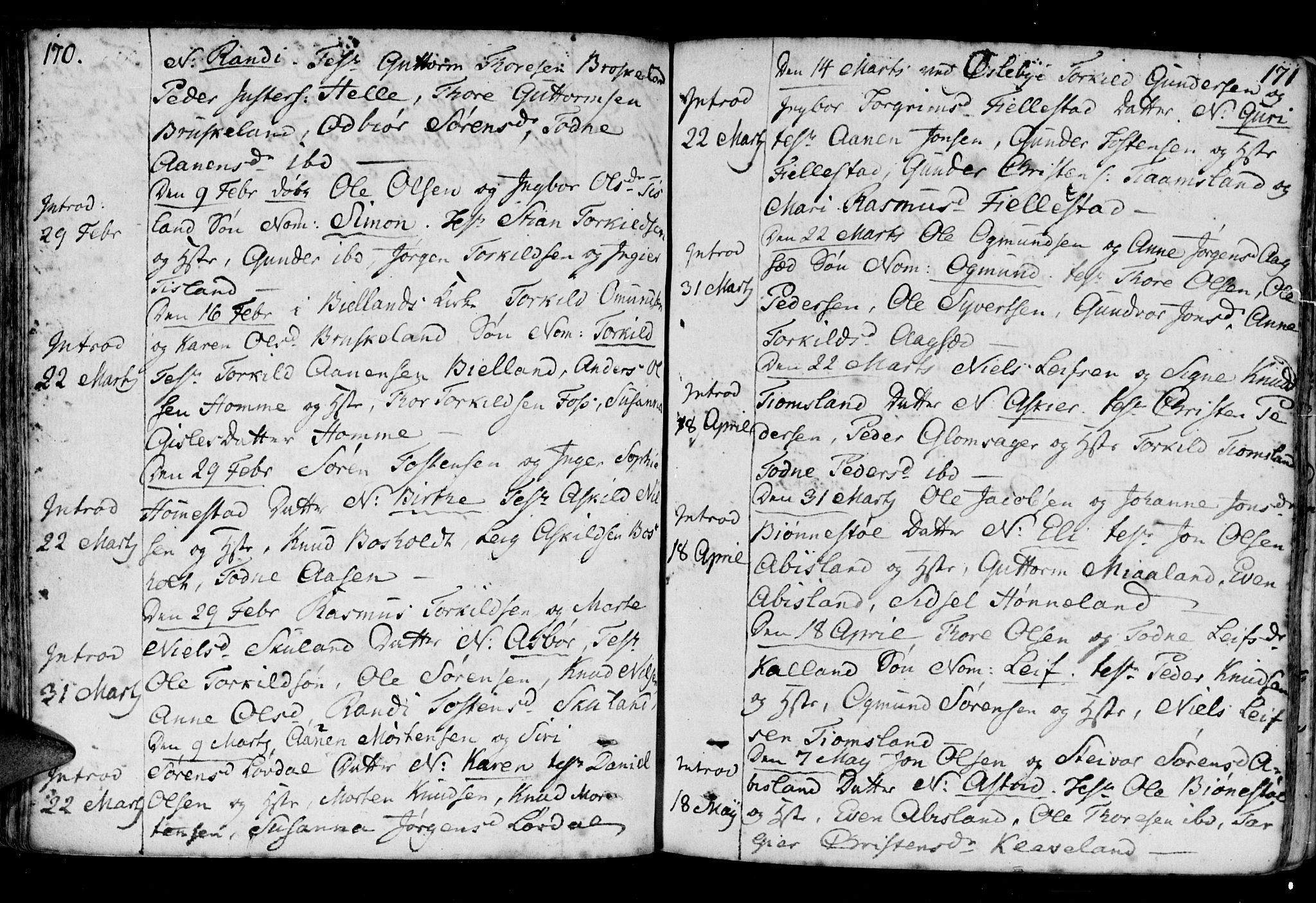 Holum sokneprestkontor, AV/SAK-1111-0022/F/Fa/Fab/L0004: Parish register (official) no. A 4, 1774-1847, p. 170-171