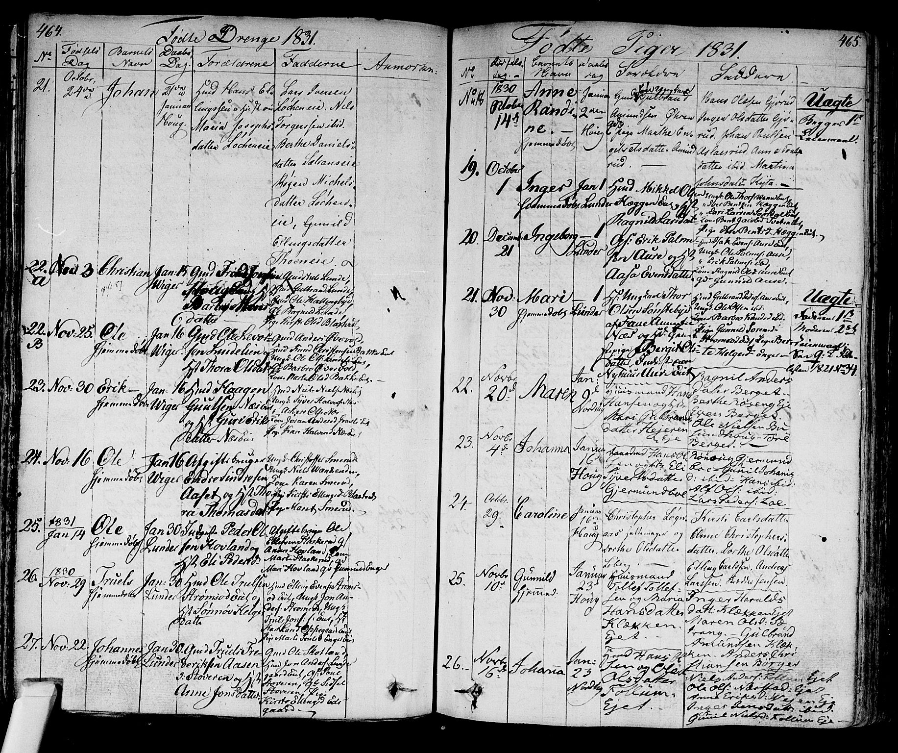 Norderhov kirkebøker, SAKO/A-237/F/Fa/L0009: Parish register (official) no. 9, 1819-1837, p. 464-465