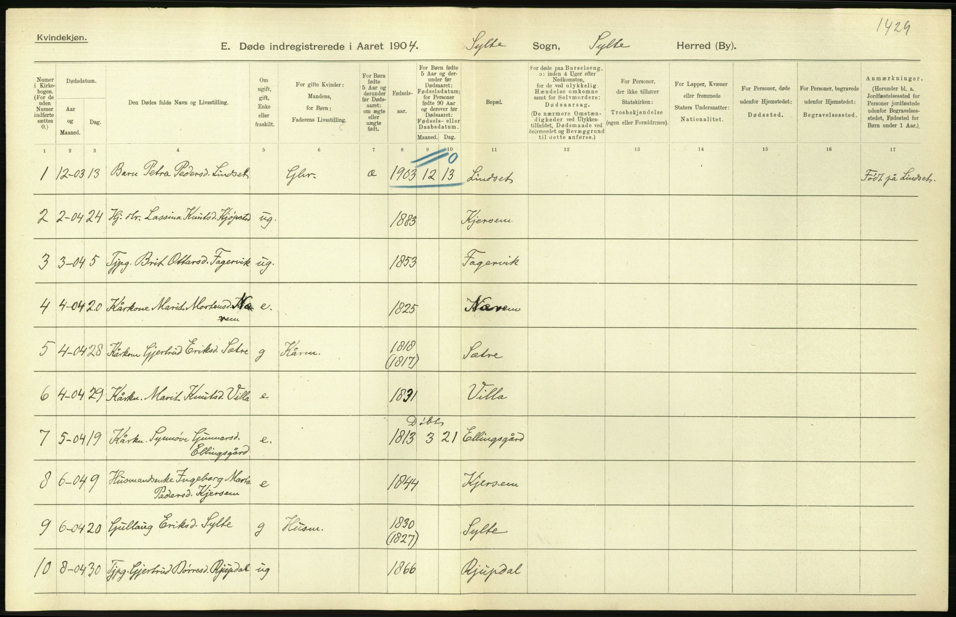 Statistisk sentralbyrå, Sosiodemografiske emner, Befolkning, AV/RA-S-2228/D/Df/Dfa/Dfab/L0016: Romsdals amt: Fødte, gifte, døde., 1904, p. 1104