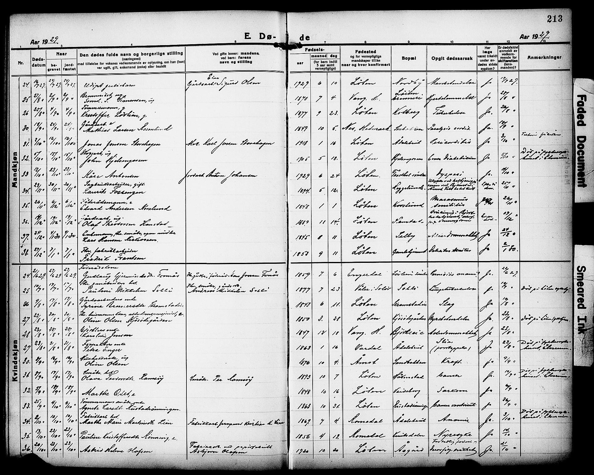 Løten prestekontor, AV/SAH-PREST-022/L/La/L0008: Parish register (copy) no. 8, 1920-1929, p. 213