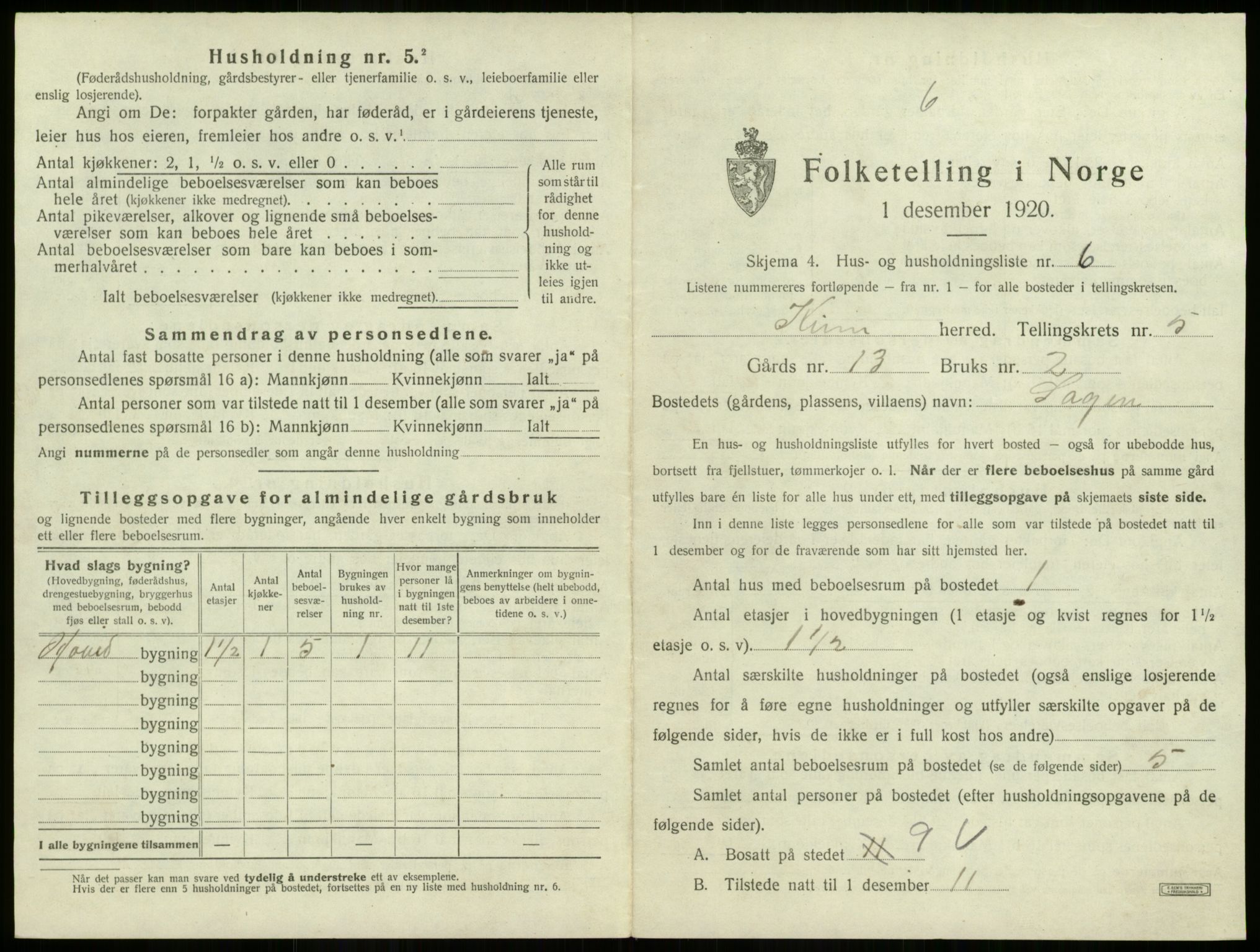 SAB, 1920 census for Kinn, 1920, p. 250