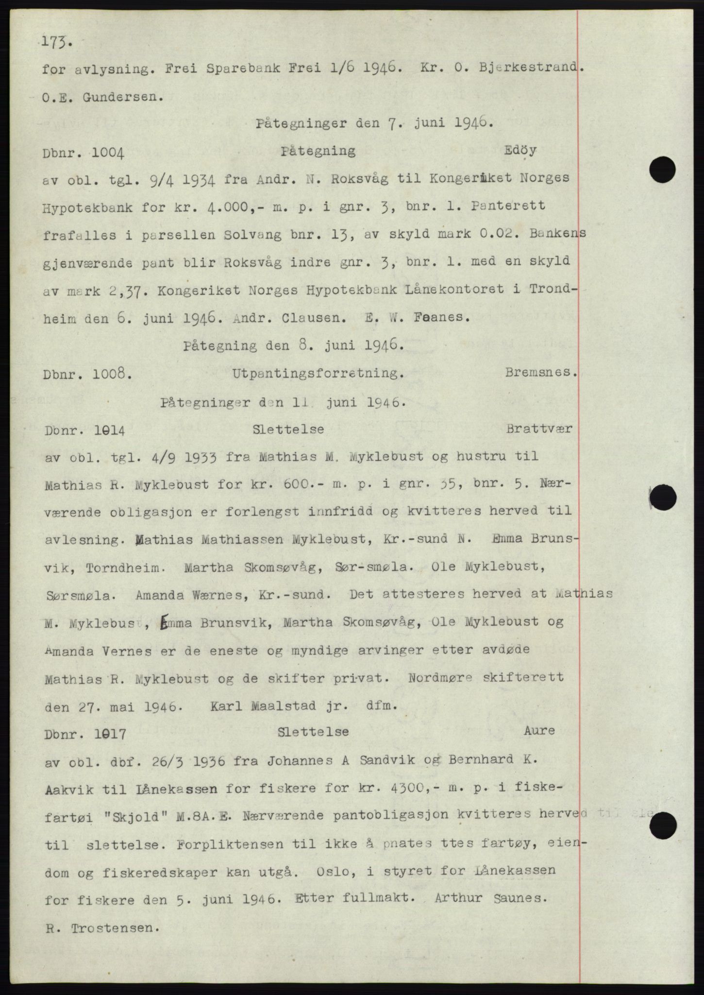 Nordmøre sorenskriveri, SAT/A-4132/1/2/2Ca: Mortgage book no. C82b, 1946-1951, Diary no: : 1004/1946